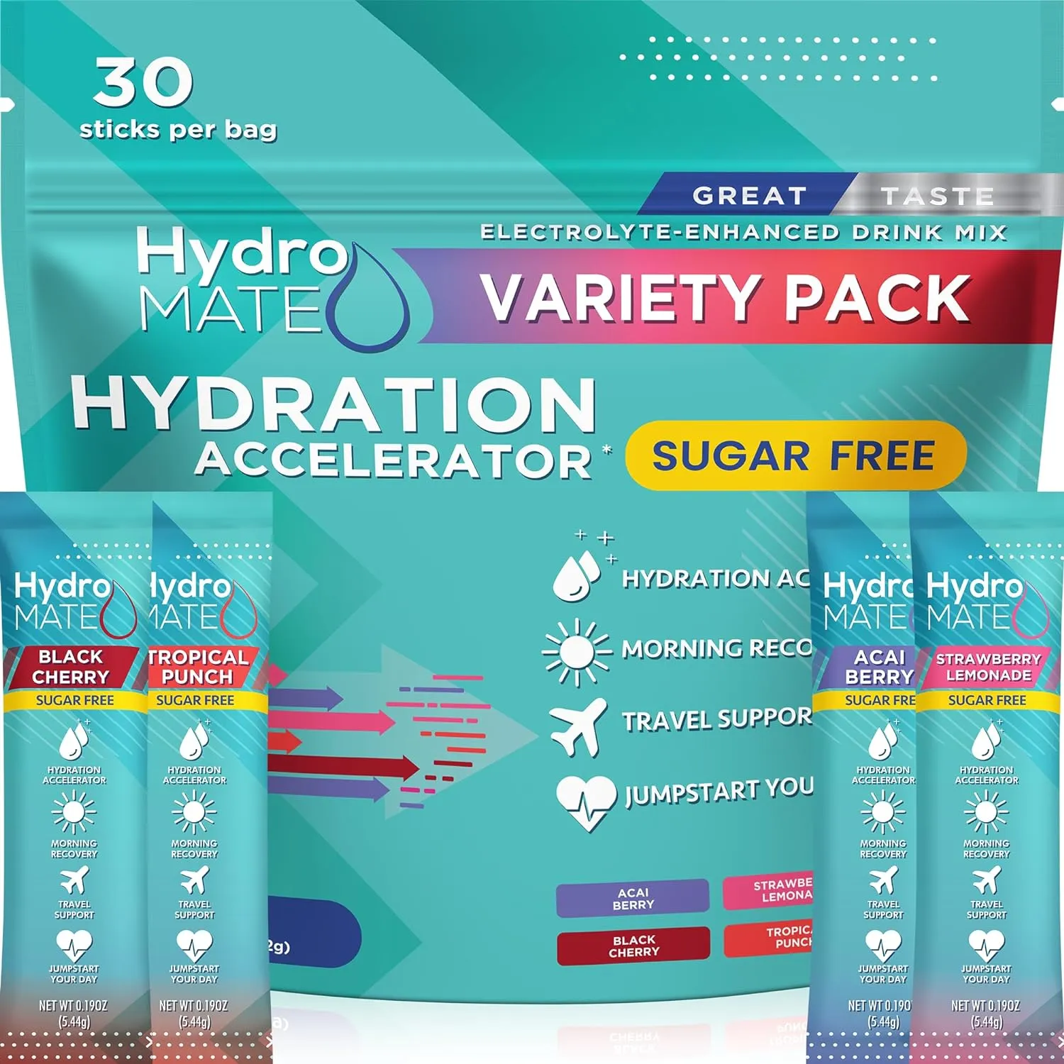 HydroMATE Electrolytes Powder No Sugar Variety Pack - 30 Instant Hydration Packets with Vitamin C to Boost Energy - Sugar Free Electrolytes to Support Hydration on Keto Diet & Party Favors