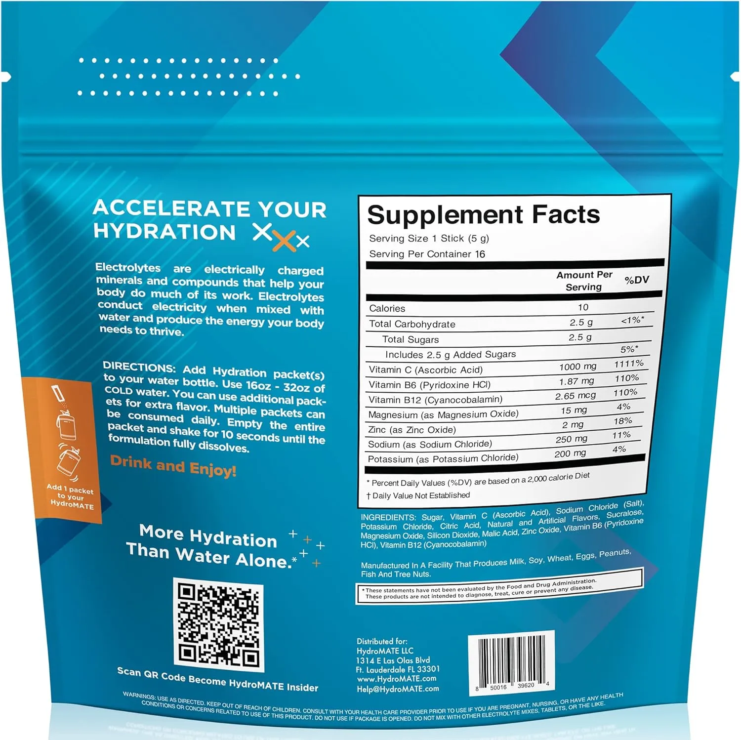 HydroMATE Electrolytes Powder with Low Sugar - 16 Instant Hydration Packets with Vitamin C Orange to Boost Energy - Low Sugar Electrolytes Powder Packets to Support Hydration for Fast Party Recovery
