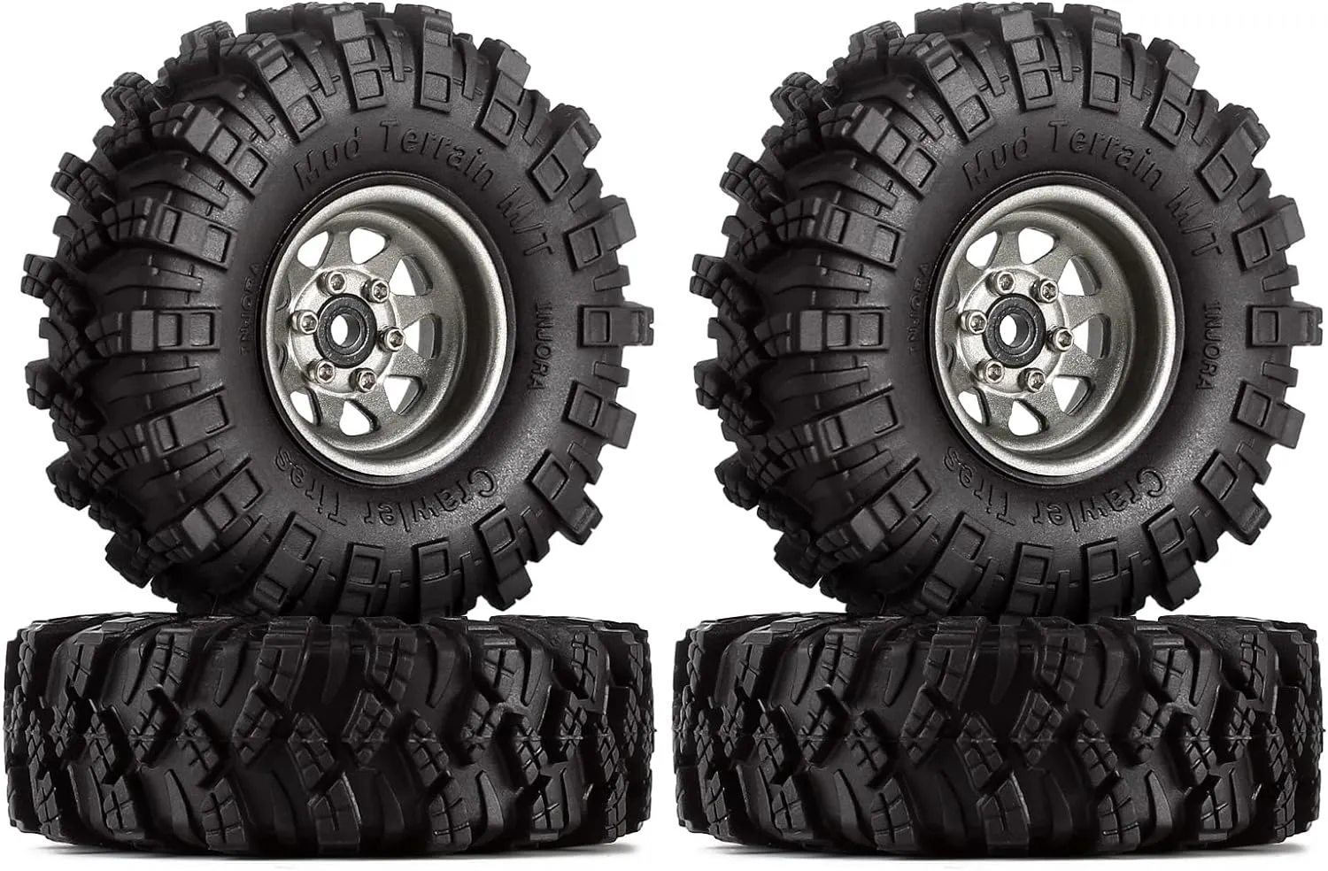 INJORA 1.0 Beadlock Wheel Mud Tires Set Deep Dish 1.0" Wheels Tires for 1/18 TRX4M Axial AX24 SCX24 Gladiator Deadbolt Bronco C10 JLU Upgrade Parts（Grey）