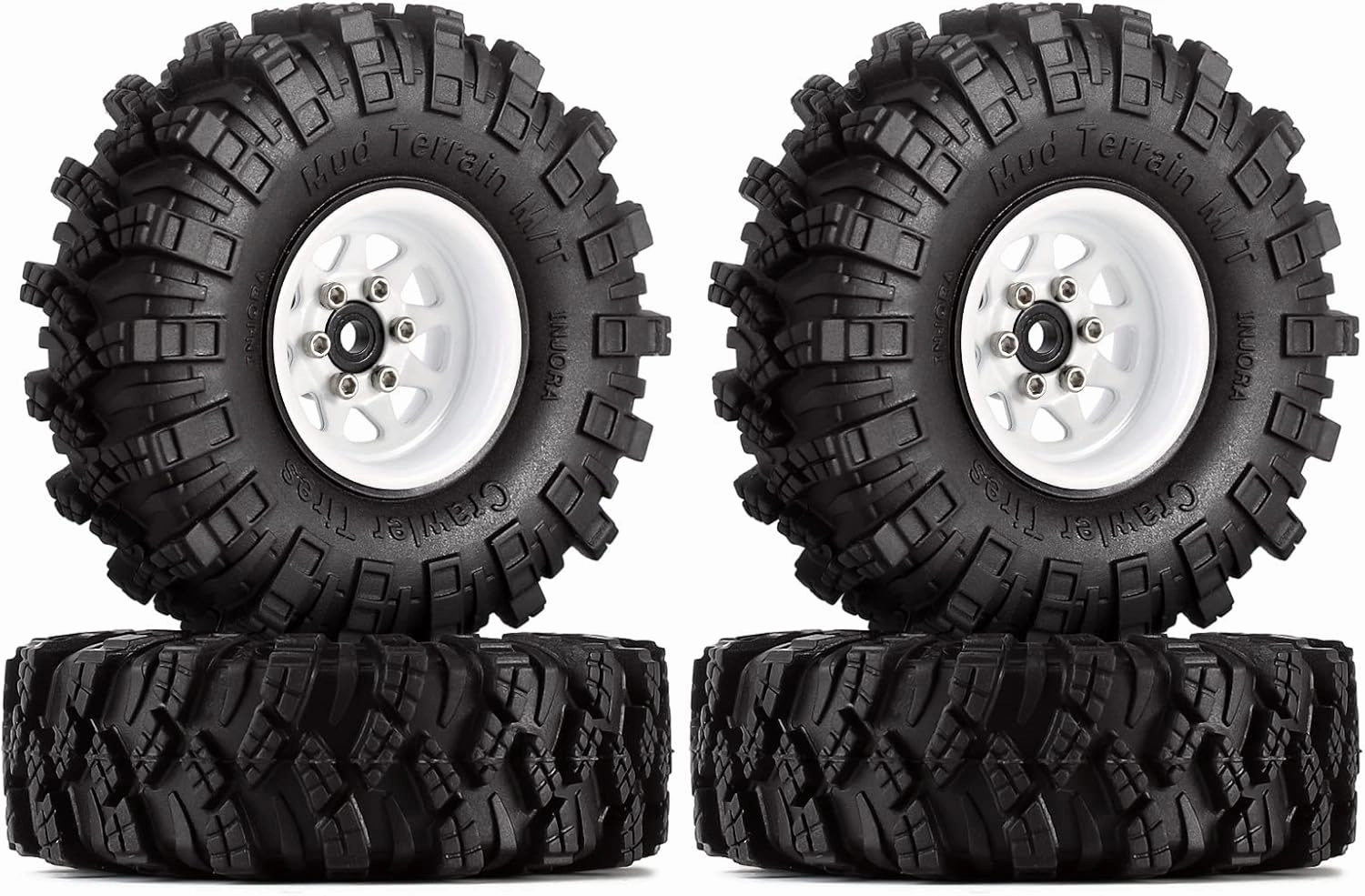 INJORA 1.0 Beadlock Wheel Mud Tires Set Deep Dish 1.0" Wheels Tires for 1/18 TRX4M Axial AX24 SCX24 Gladiator Deadbolt Bronco C10 JLU Upgrade Parts(White)