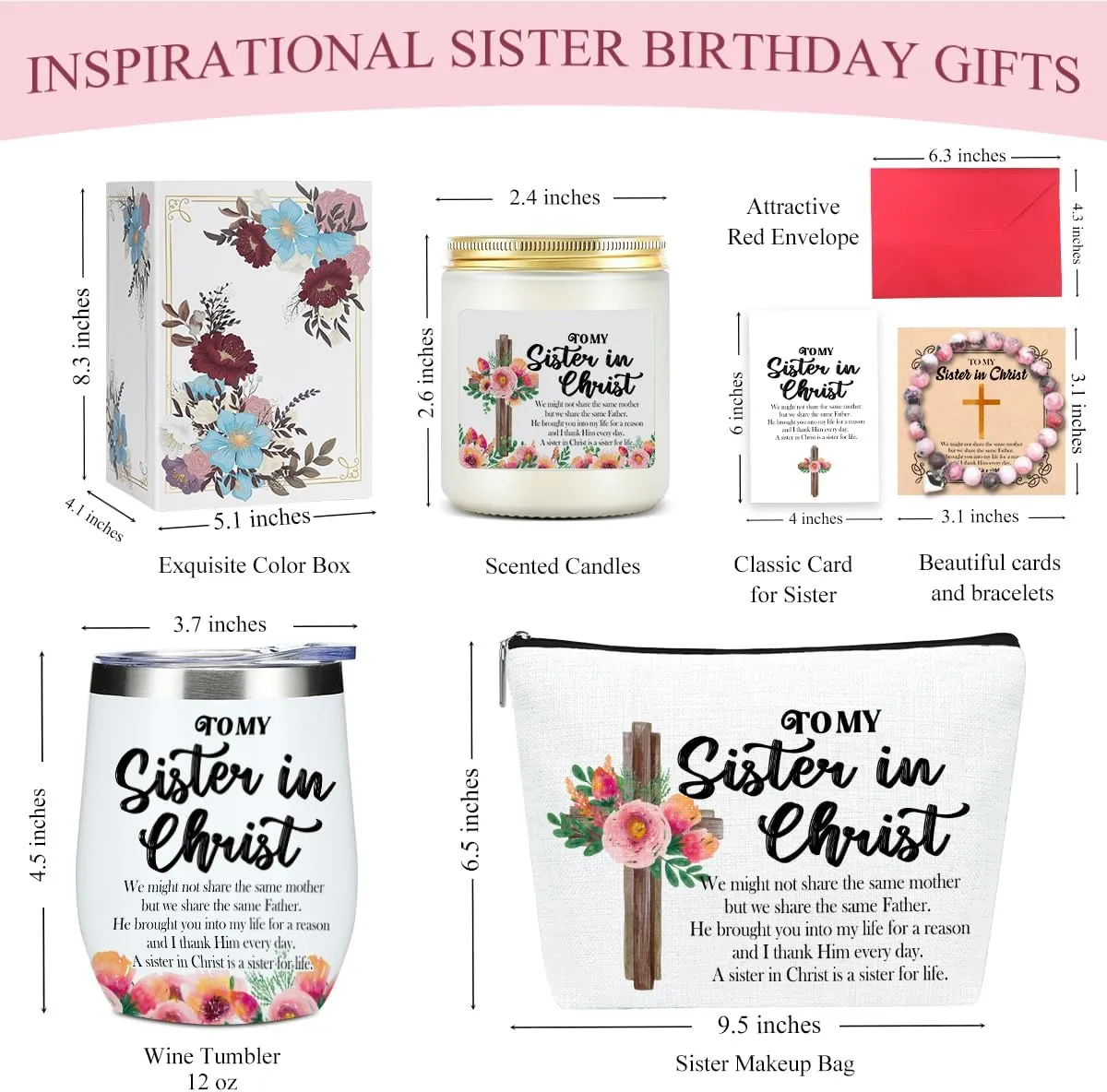 Inspirational Christian Gifts for Women,Best Friends Bestie Soul Sisters, Sister Birthday Gifts, Sisters Gift from Sister,Graduation Christmas Bulk(12oz Wine Tumbler Makeup Bag Candle Bracelet Card)