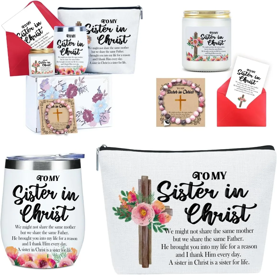 Inspirational Christian Gifts for Women,Best Friends Bestie Soul Sisters, Sister Birthday Gifts, Sisters Gift from Sister,Graduation Christmas Bulk(12oz Wine Tumbler Makeup Bag Candle Bracelet Card)