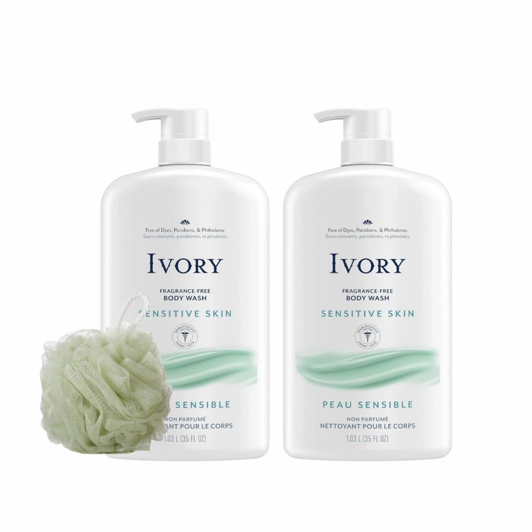 Ivory Body Wash - Ivory Clean Body Wash Pump Original with body pump. Ivory soap pamper yourself with this moisturizing body wash pump with 35 Fl. Oz. each with shower loofah 2Pack (Sensitive Skin)