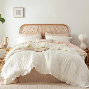 JANZAA Queen Comforter Set Creamy White Ruffle Comforter with 2 Pillowcase Soft Queen Size Bed Set Vintage Farmhouse Bed Comforter Set Fluffy Shabby Chic Bedding for All Season