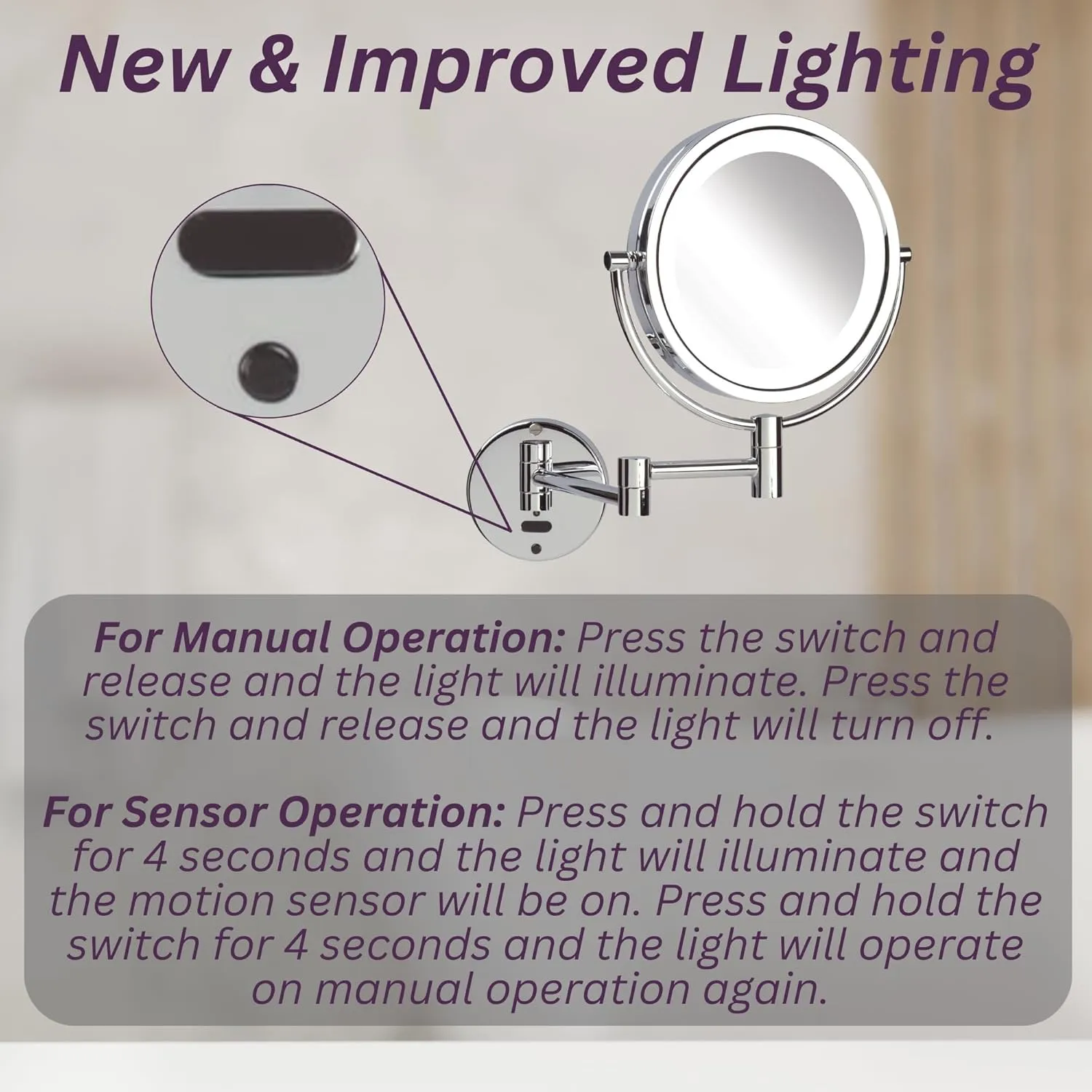 JERDON Sharper Image Wall-Mounted Lighted Motion Sensor Makeup Mirror - 8X-1X Magnification - 8.5-Inch Diameter Mirror Extends 14” - Chrome Finish - Comes with 8’ Charging Cord - Model JRT9500CL