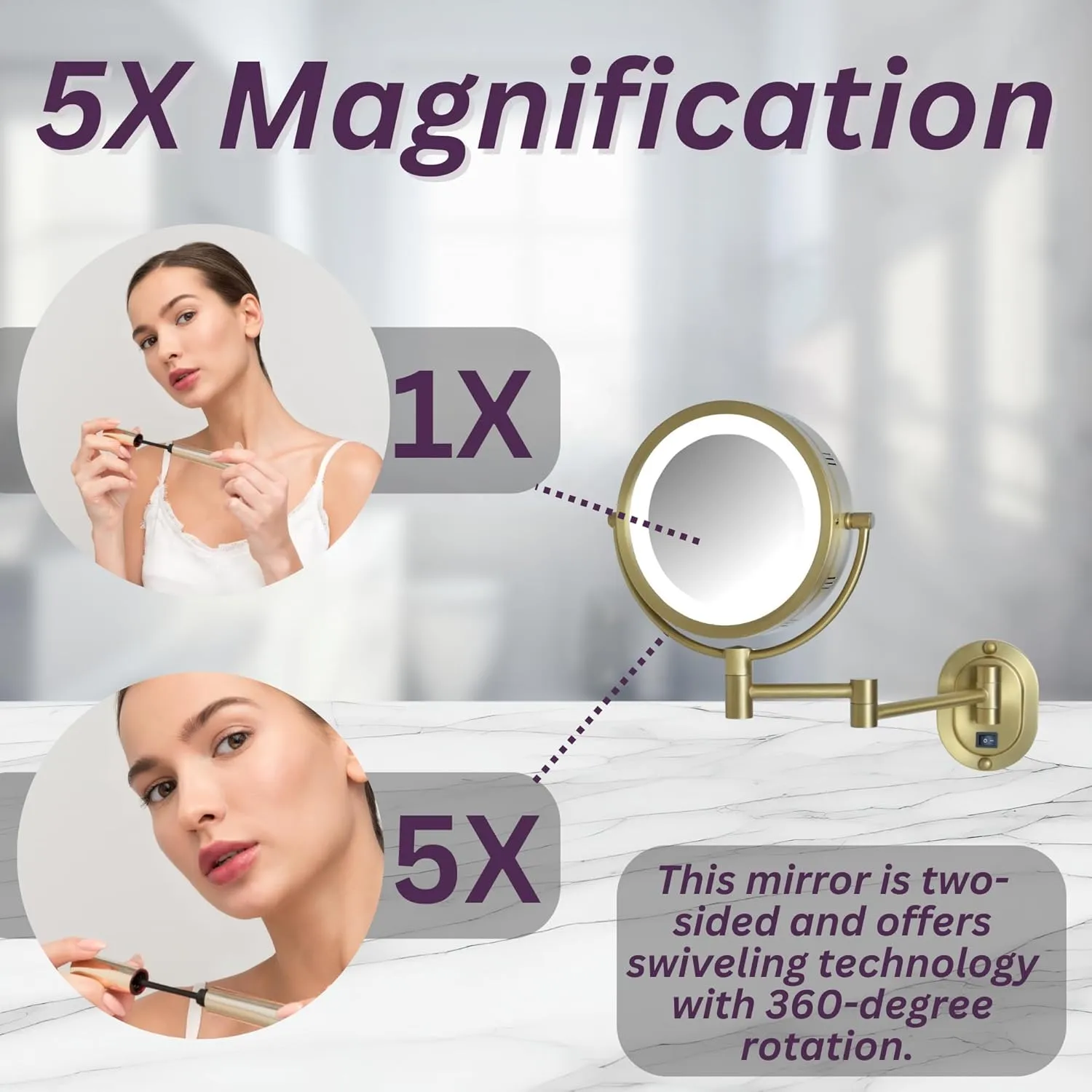JERDON Wall-Mounted Gold Makeup Mirror with LED Lighting - 5X-1X Magnification & 14” Extension - Direct Wire - Model HL65BGD