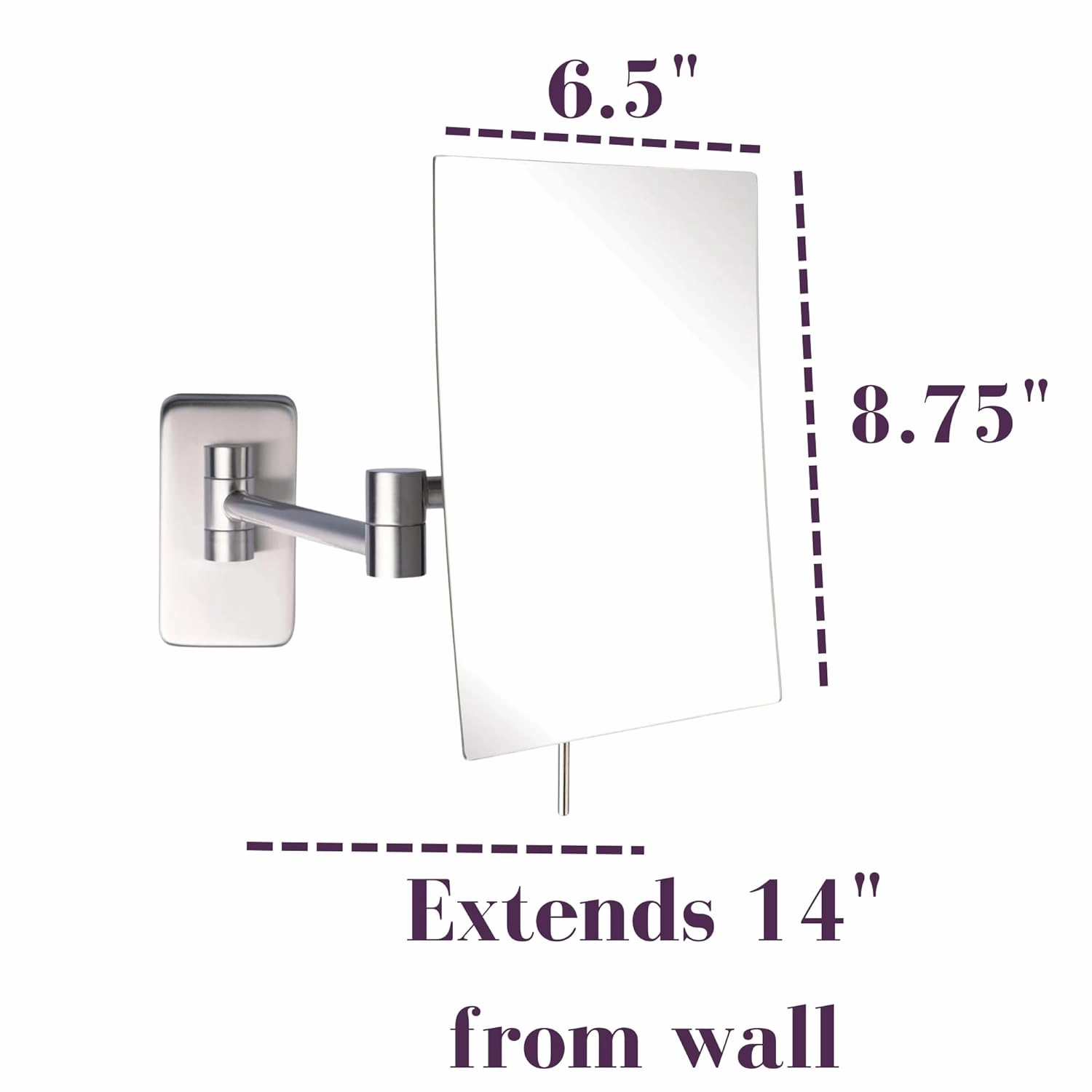 JERDON 8.75-Inch x 6.5-Inch Wall Mount Makeup Mirror - Personal Mirror with 5X Magnification & 14 inch Wall Extension - Nickel Wall Mount Arm - Model JRT695N