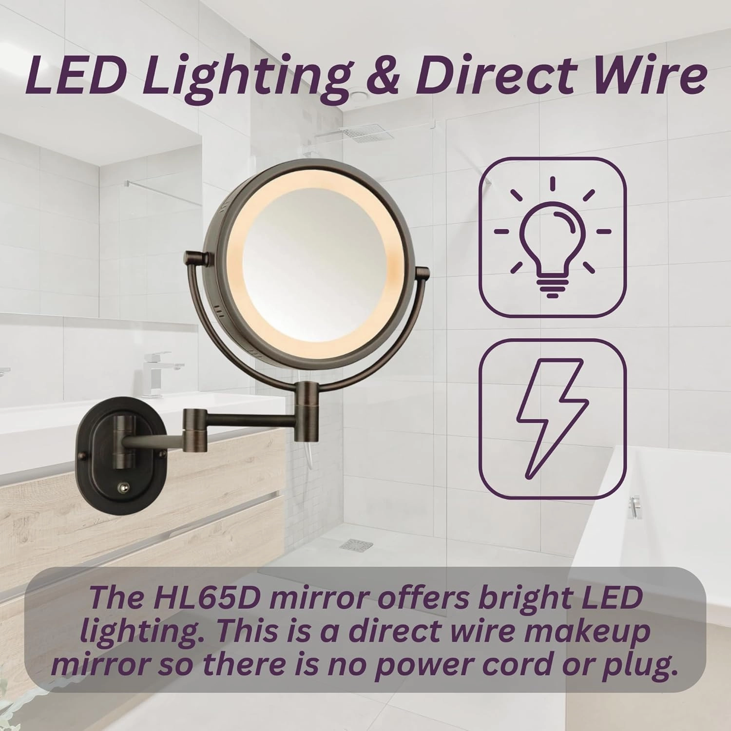 JERDON Wall-Mounted Bronze Makeup Mirror with LED Lighting – 5X-1X Magnification & 14” Extension - Direct Wire - Model HL65BZD