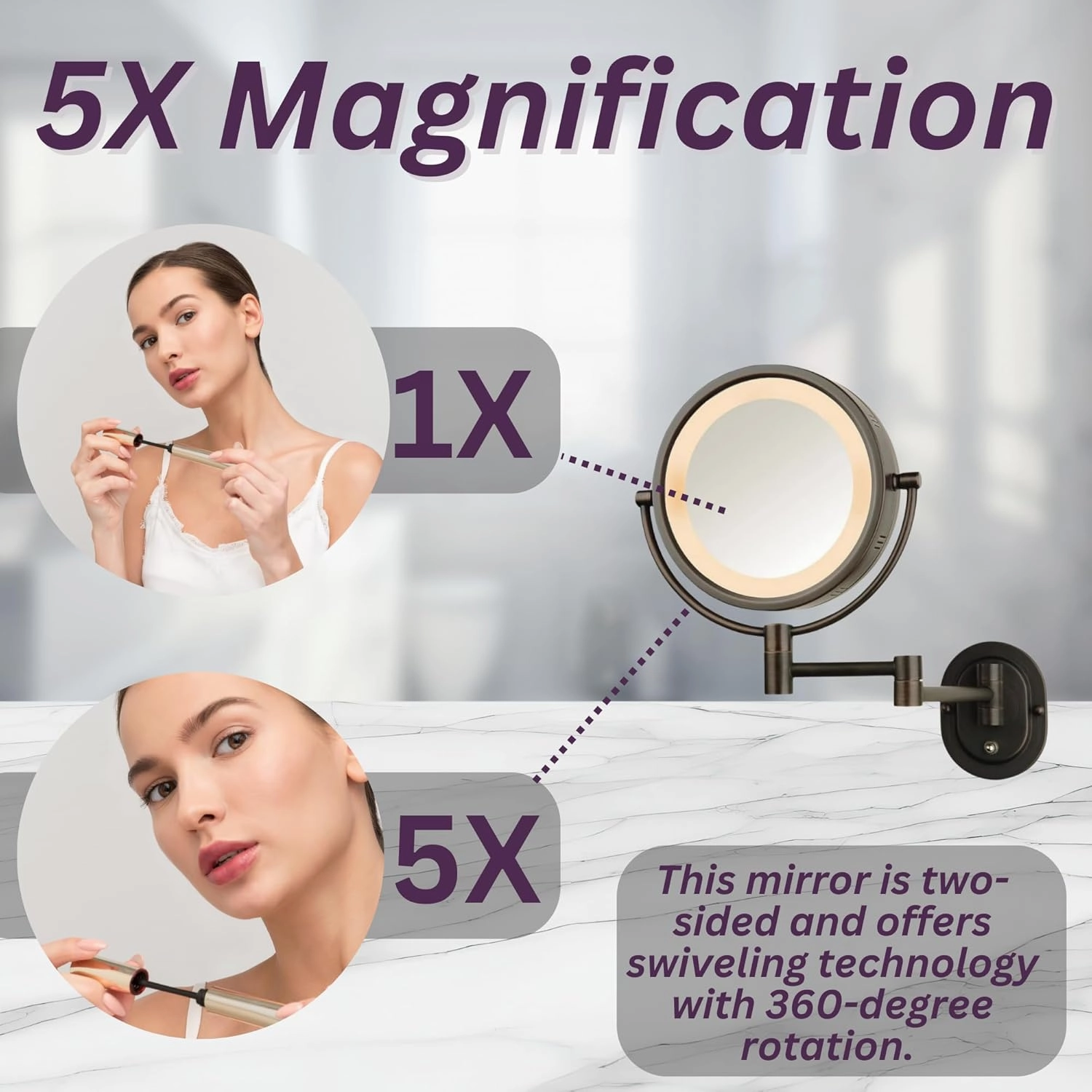 JERDON Wall-Mounted Bronze Makeup Mirror with LED Lighting – 5X-1X Magnification & 14” Extension - Direct Wire - Model HL65BZD