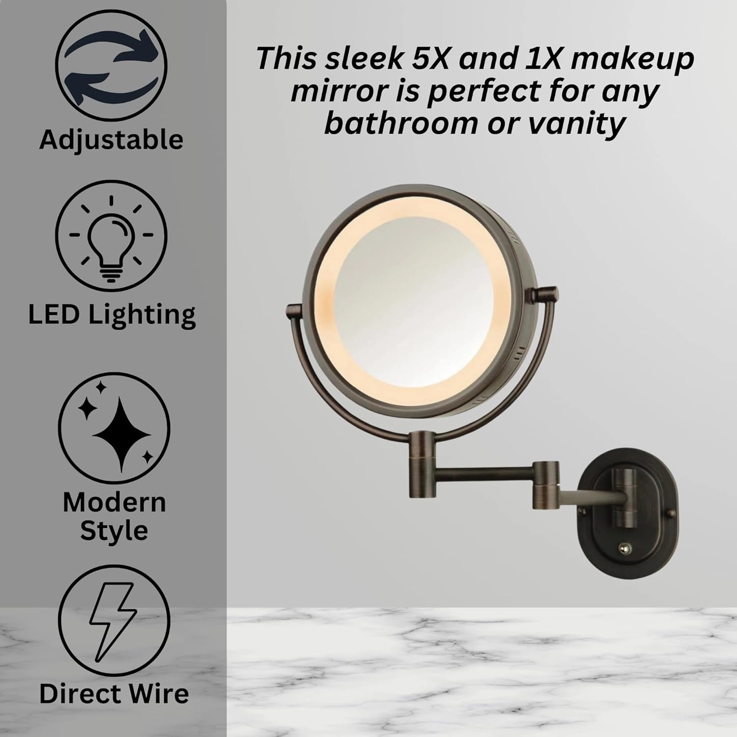 JERDON Wall-Mounted Bronze Makeup Mirror with LED Lighting – 5X-1X Magnification & 14” Extension - Direct Wire - Model HL65BZD
