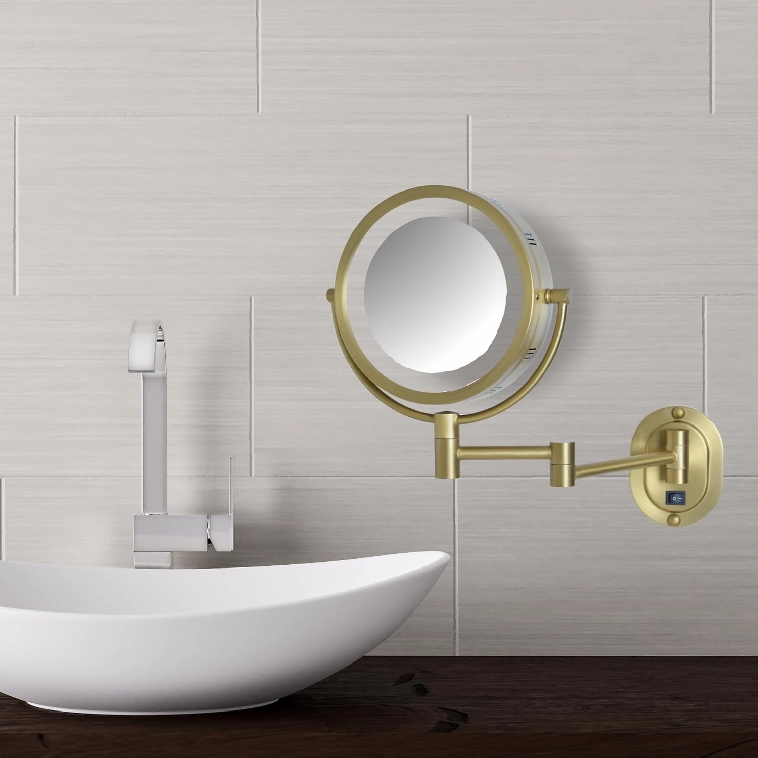 JERDON Wall-Mounted Gold Makeup Mirror with LED Lighting - 5X-1X Magnification & 14” Extension - Direct Wire - Model HL65BGD