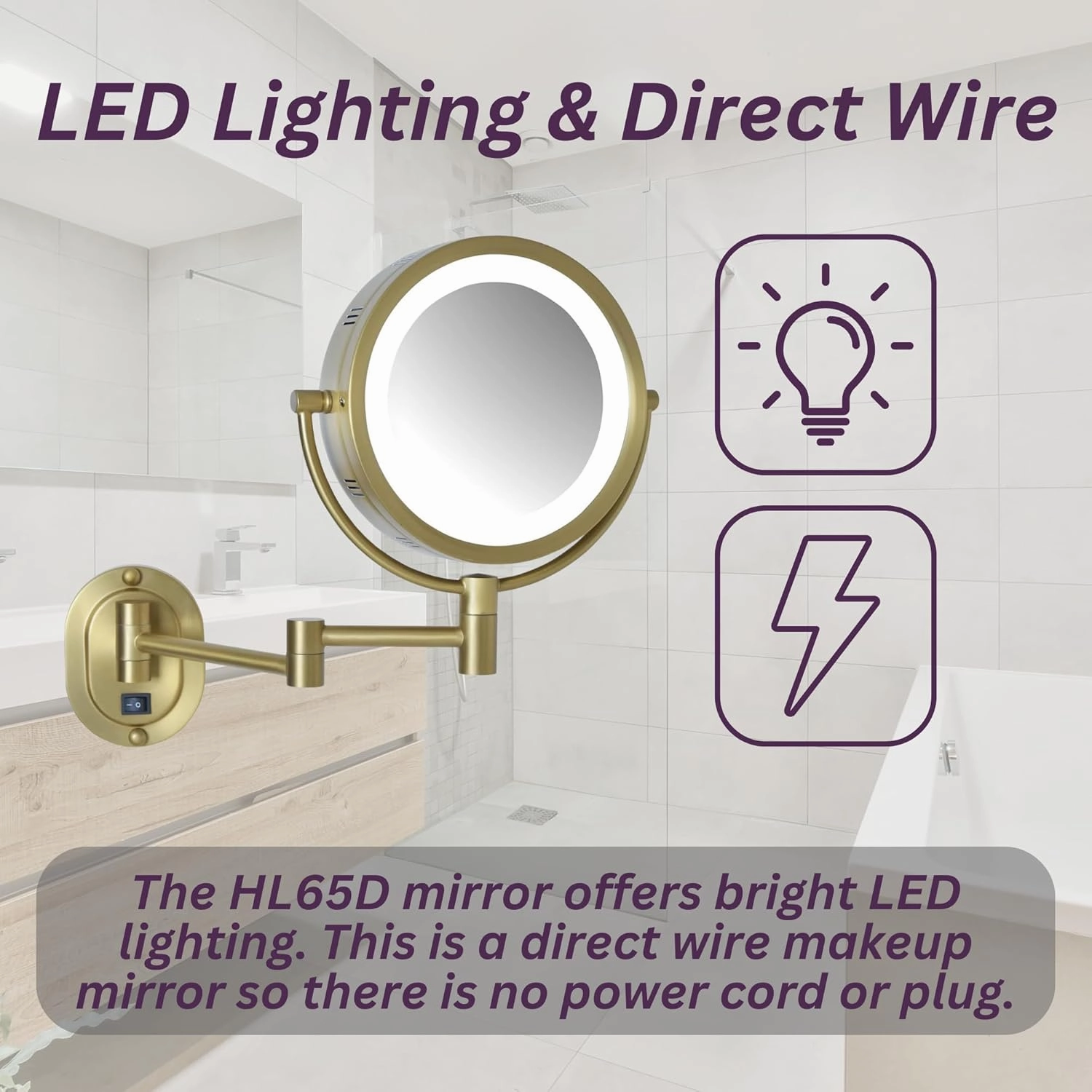 JERDON Wall-Mounted Gold Makeup Mirror with LED Lighting - 5X-1X Magnification & 14” Extension - Direct Wire - Model HL65BGD