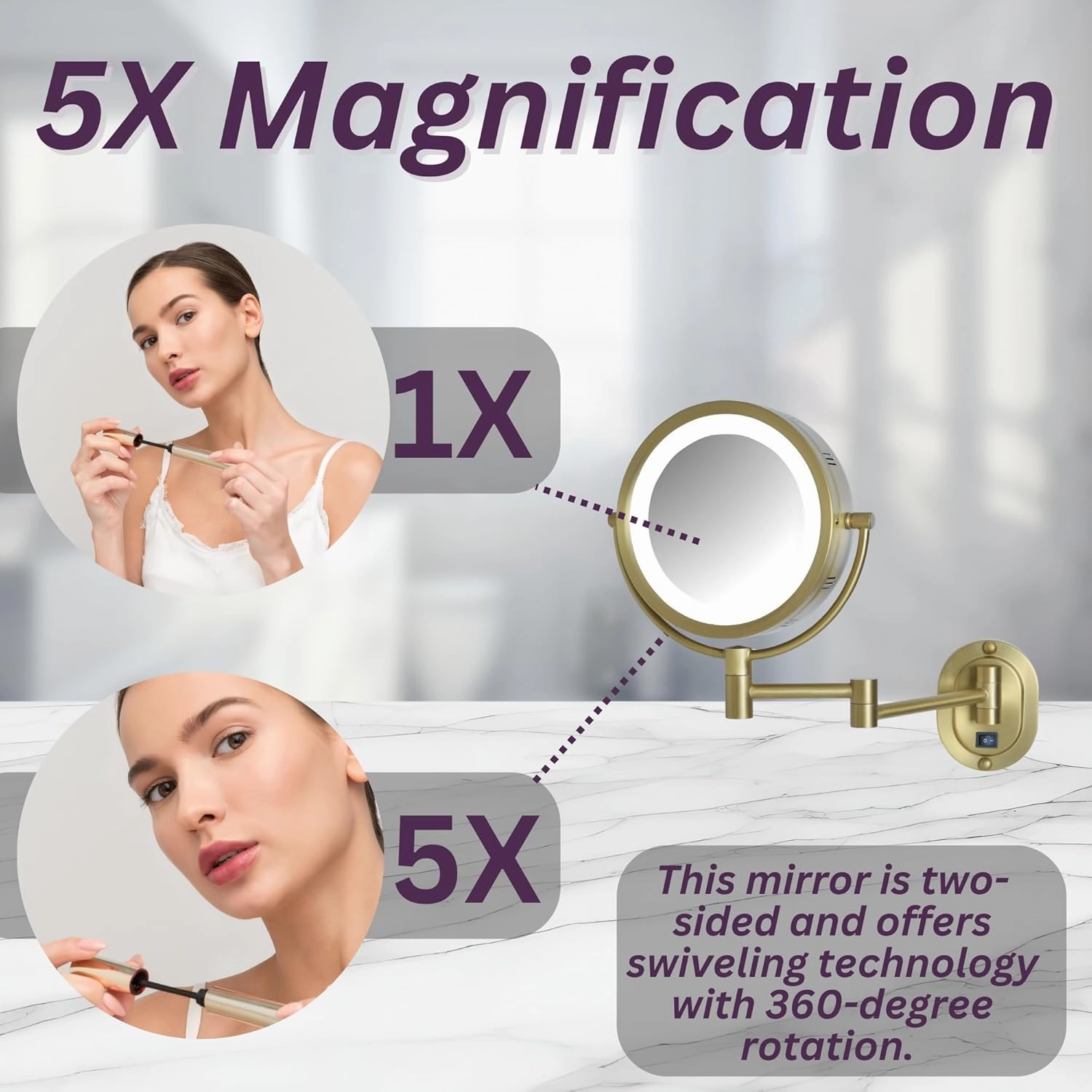 JERDON Wall-Mounted Gold Makeup Mirror with LED Lighting - 5X-1X Magnification & 14” Extension - Direct Wire - Model HL65BGD