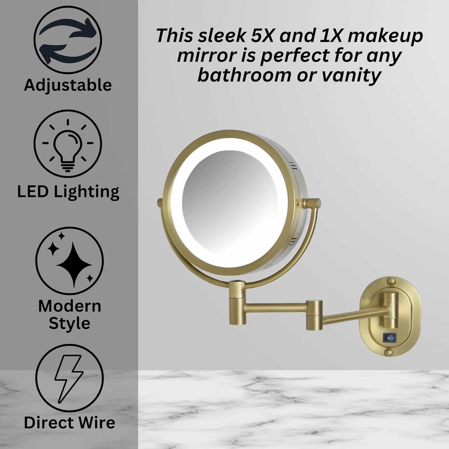 JERDON Wall-Mounted Gold Makeup Mirror with LED Lighting - 5X-1X Magnification & 14” Extension - Direct Wire - Model HL65BGD