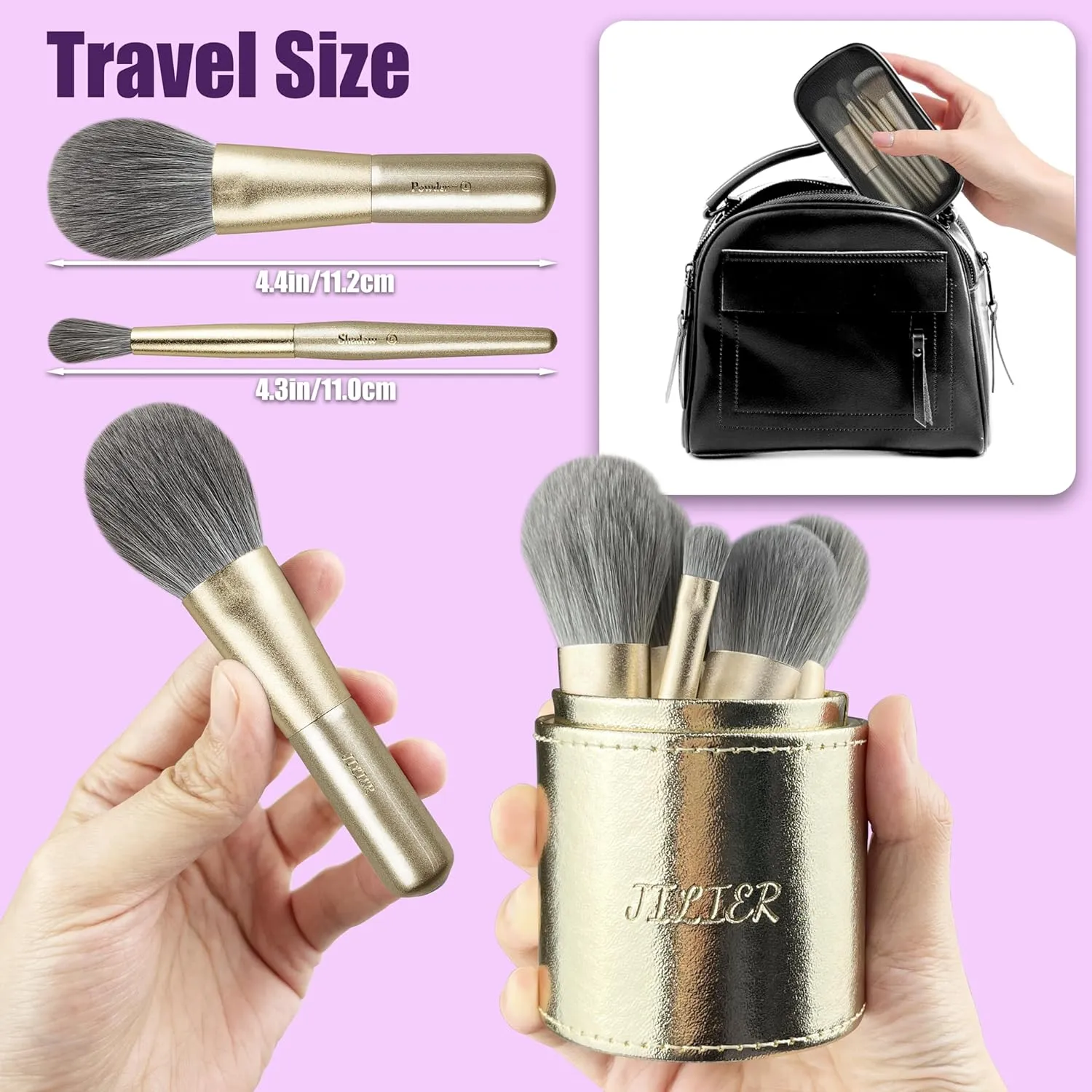 Jilier 14 pcs Mini Makeup Brushes and Pocket Mirror, Travel Makeup Brush Set, LED Compact Mirror with Light, Travel Size with Case, Portable for Handbag, Travel Essentials for Women