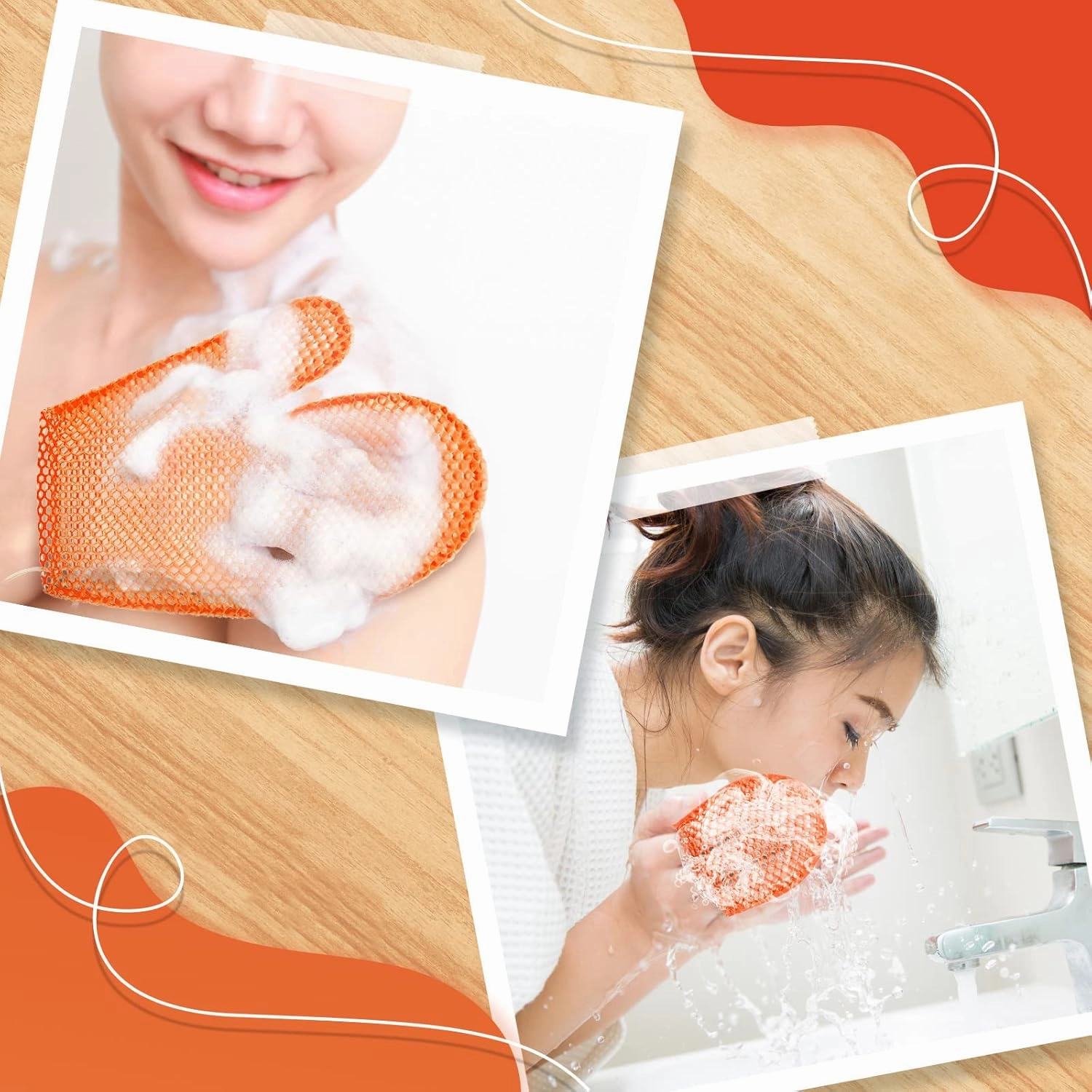 Karenhi Honeycomb Exfoliating Scrubber Set, Face and Body Scrubber Include Bath Mitt Honeycomb Exfoliating Glove for Body Shower, Face Exfoliator Sponge, Quick Drying(Orange)