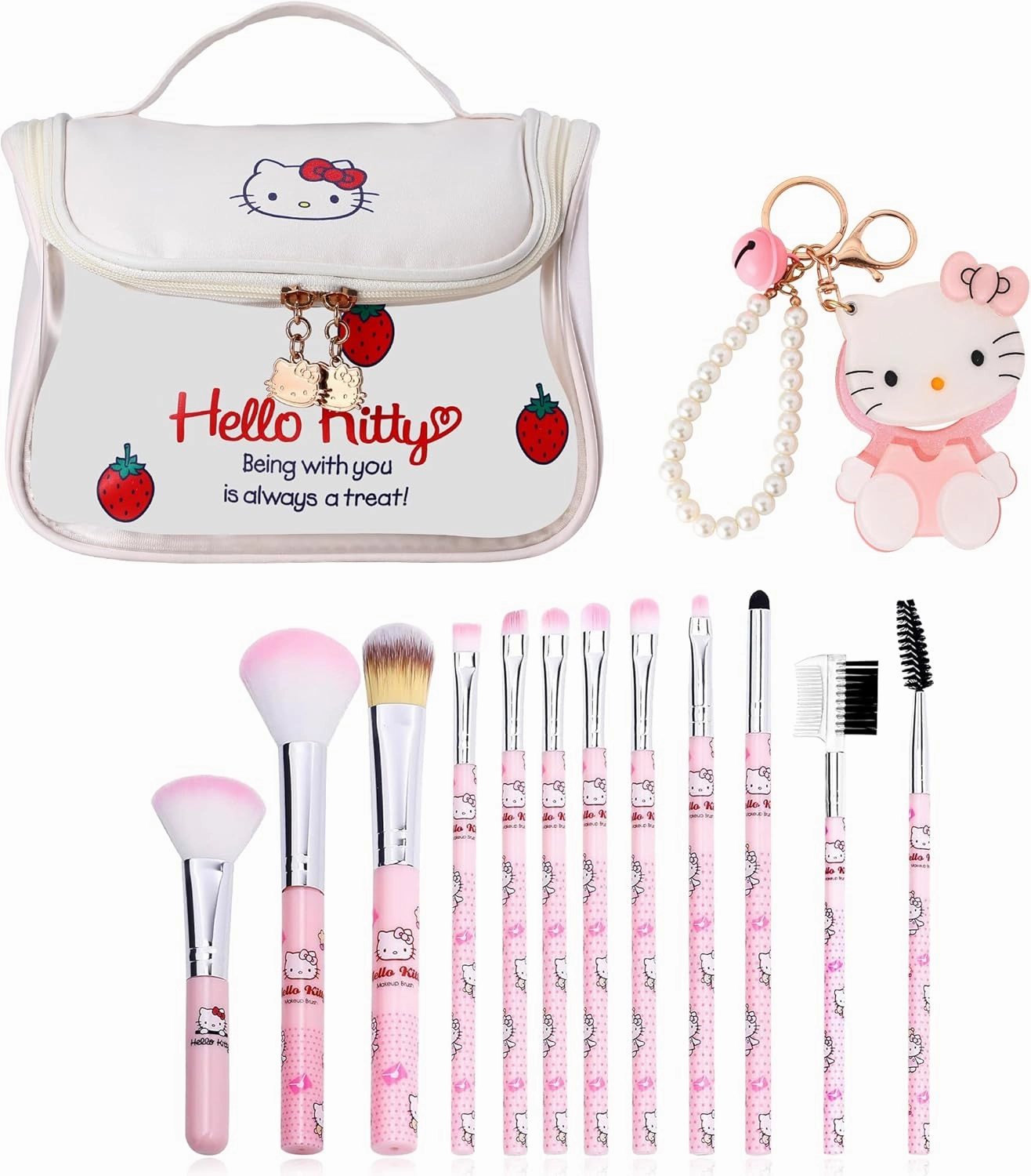 Kawaii Kitty 3pcs Makeup Bag Set with Makeup Brush and Mirror, Cute Kitty Cat Cosmetic Bags Pouch Bag Storage Case for Women Cartoon Kitty Toiletry Bag (STMUB-Kitty)
