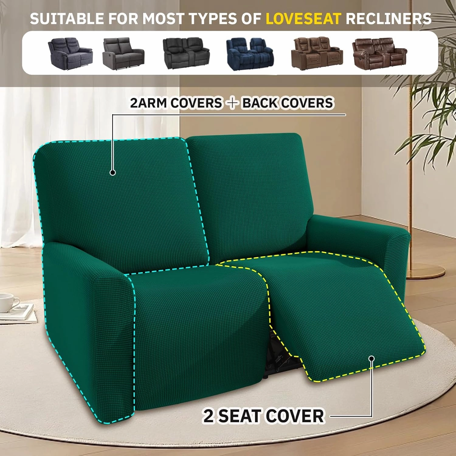 KEKUOU Recliner Loveseat Covers, 4 Pieces Stretch Recliner Sofa Covers for 2 seat Reclining Loveseat Couch, Furniture Protector with Elastic Bottom for Babies and Dogs.(Loveseat Recliner, Dark Green)