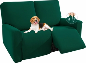 KEKUOU Recliner Loveseat Covers, 4 Pieces Stretch Recliner Sofa Covers for 2 seat Reclining Loveseat Couch, Furniture Protector with Elastic Bottom for Babies and Dogs.(Loveseat Recliner, Dark Green)