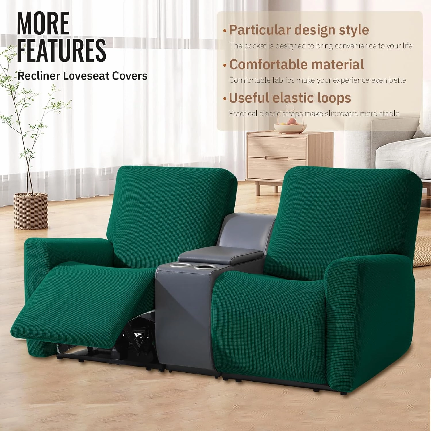 KEKUOU Recliner Loveseat Covers, 4 Pieces Stretch Recliner Sofa Covers for 2 seat Reclining Loveseat Couch, Furniture Protector with Elastic Bottom for Babies and Dogs.(Loveseat Recliner, Dark Green)