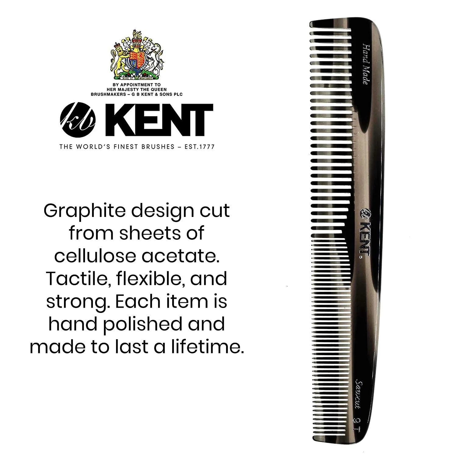 Kent 9T Double Tooth Dressing Table Comb, Tortoise Fine and Wide Tooth Coarse/Fine Dresser Comb for Hair, Beard, Mustache Styling, Grooming - For Men, Women, and Kids, Made in England