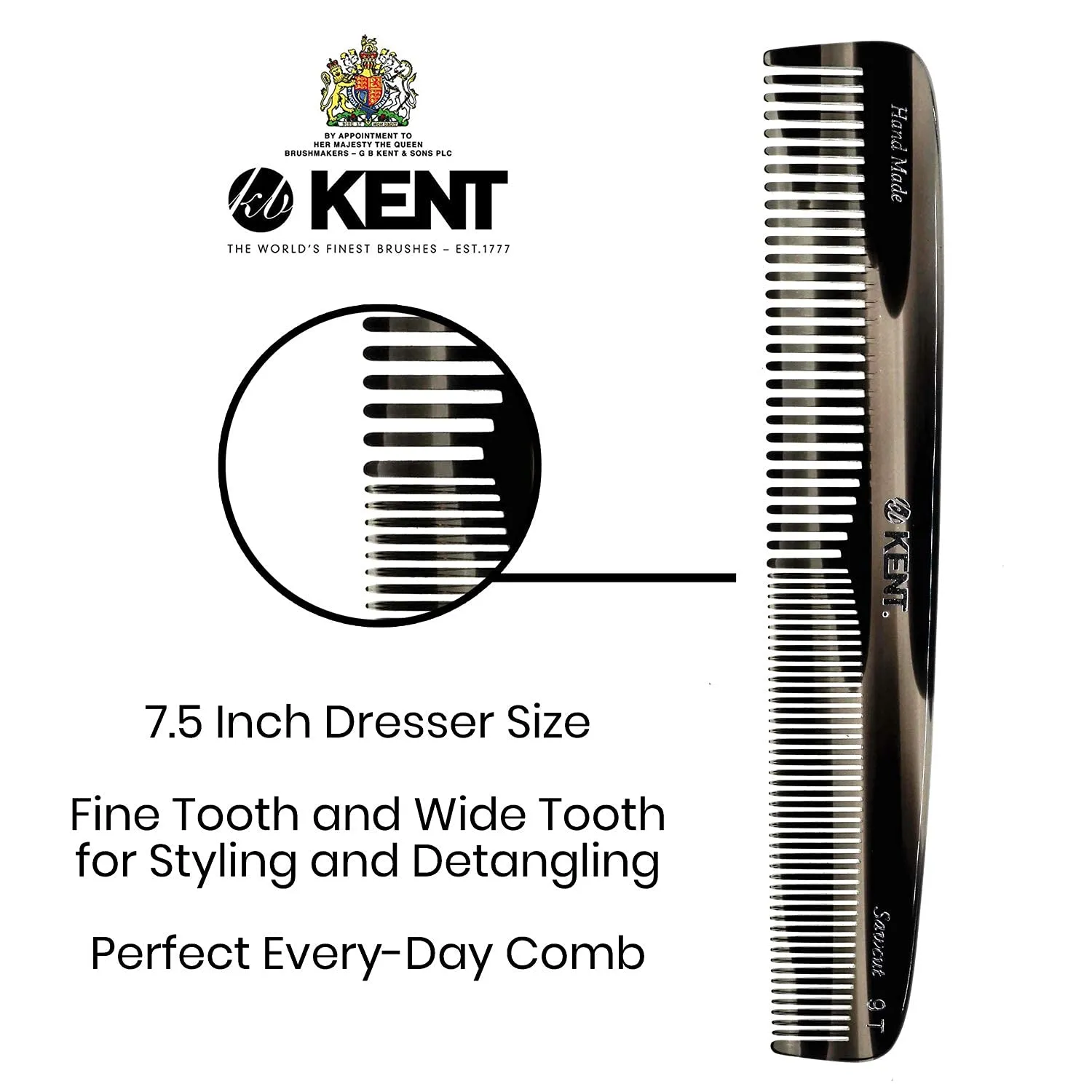 Kent 9T Double Tooth Dressing Table Comb, Tortoise Fine and Wide Tooth Coarse/Fine Dresser Comb for Hair, Beard, Mustache Styling, Grooming - For Men, Women, and Kids, Made in England
