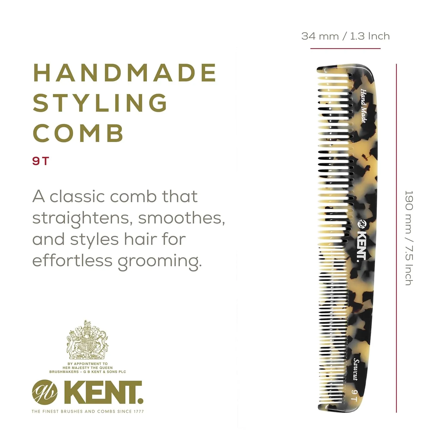 KENT 9T Fine Tooth and Wide Tooth Comb Detangler Hair Combs - Large Handmade and Saw-Cut Dressing Comb - Wet Hair Comb, Made in England (White Tokyo), 2 Pack