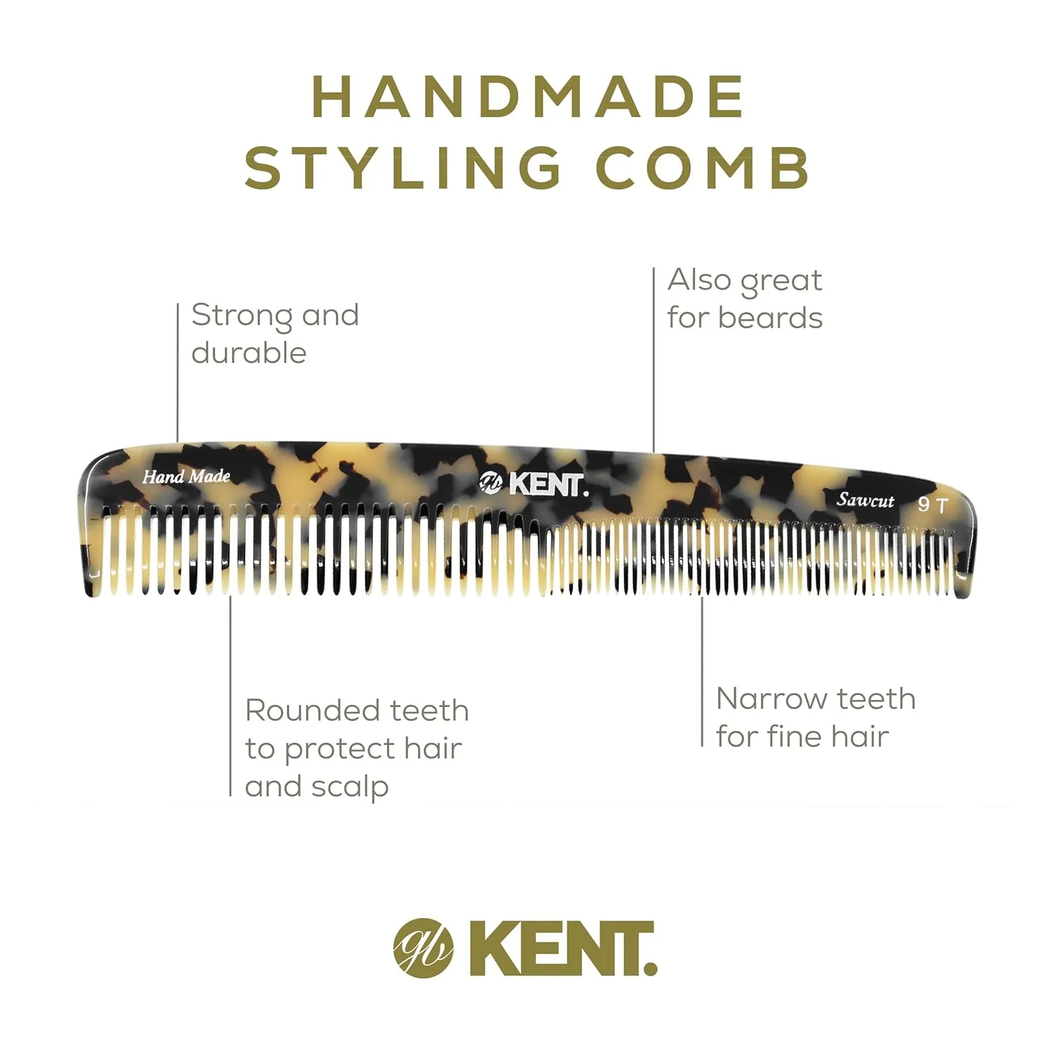 KENT 9T Fine Tooth and Wide Tooth Comb Detangler Hair Combs - Large Handmade and Saw-Cut Dressing Comb - Wet Hair Comb, Made in England (White Tokyo), 2 Pack