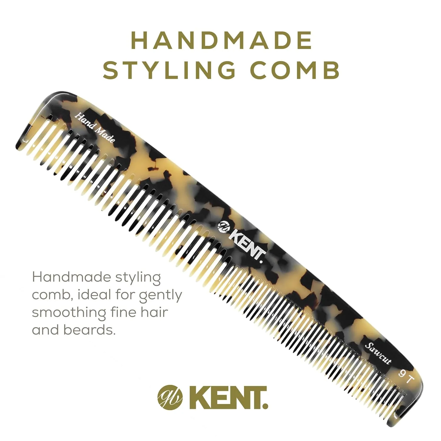 KENT 9T Fine Tooth and Wide Tooth Comb Detangler Hair Combs - Large Handmade and Saw-Cut Dressing Comb - Wet Hair Comb, Made in England (White Tokyo), 2 Pack