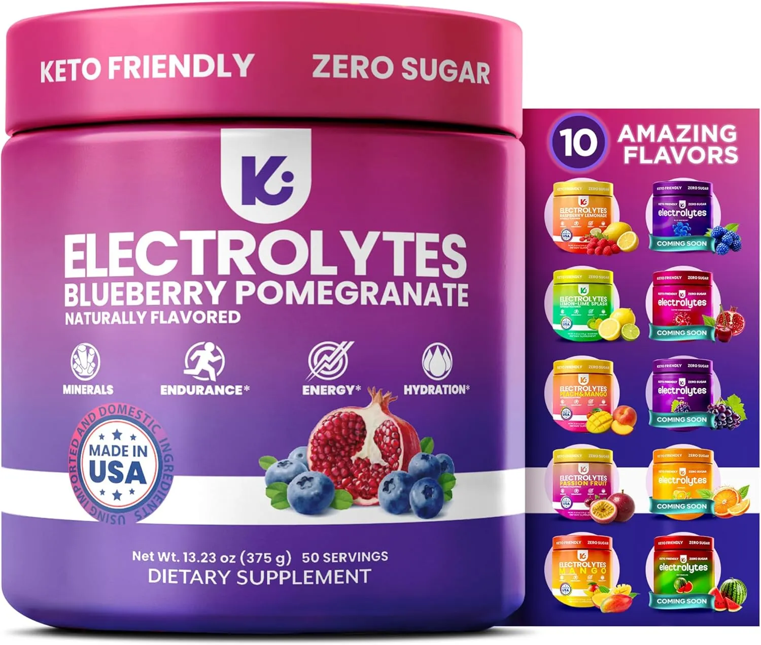 Keppi Keto Electrolytes Powder No Sugar | Sugar Free Electrolytes | Made in USA | Advanced Hydration, Performance & Recovery | Delicious Blueberry Pomegranate Flavor | Mixes Easily No Clumps