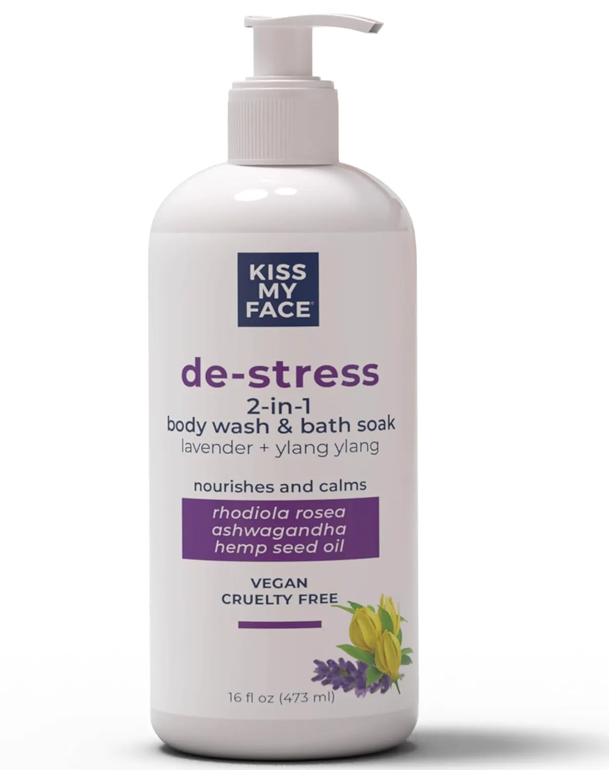 Kiss My Face De-Stress 2-in-1 Body Wash & Bath Soak Lavender   Ylang Ylang - Vegan Body Wash - 16 oz Bottle with Pump (Lavender & Ylang Ylang, Pack of 1)