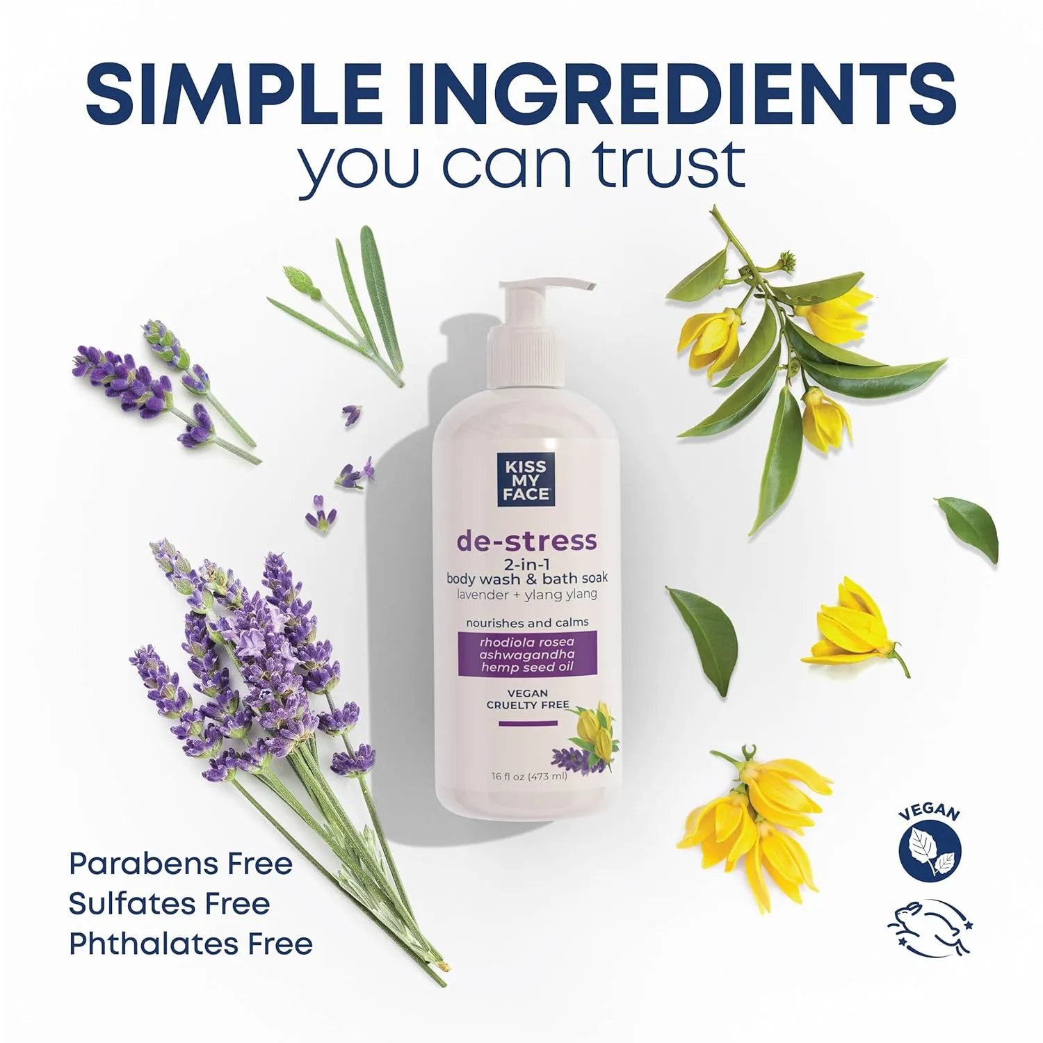 Kiss My Face De-Stress 2-in-1 Body Wash & Bath Soak Lavender   Ylang Ylang - Vegan Body Wash - 16 oz Bottle with Pump (Lavender & Ylang Ylang, Pack of 1)