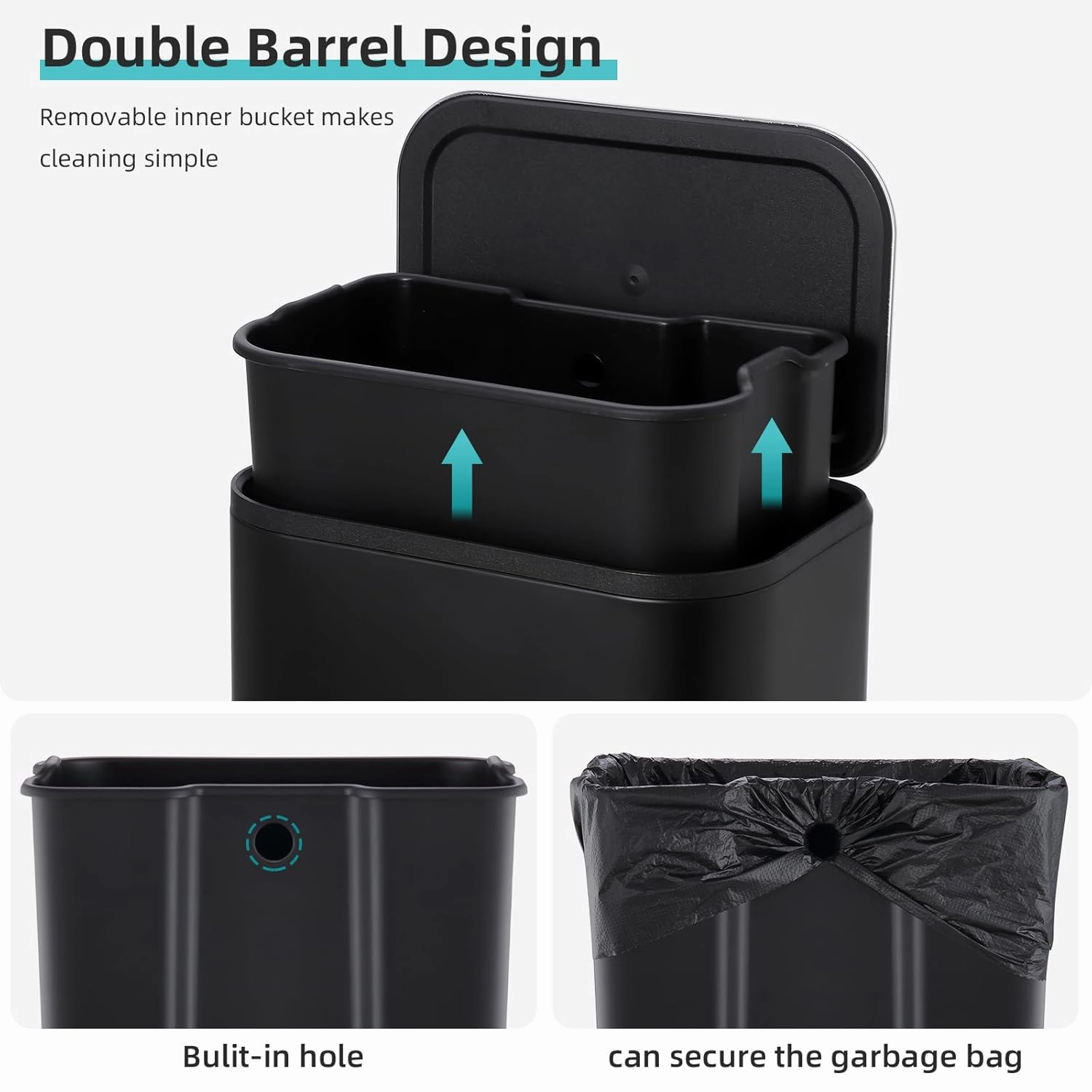 Kitchen Trash Can, 5.3 Gallon Stainless Steel Garbage Can with Soft Close Lid Foot Pedal & Removable Inner Bucket, Rectangular Step On Waste Bin for Office Bedroom (Matte Black)