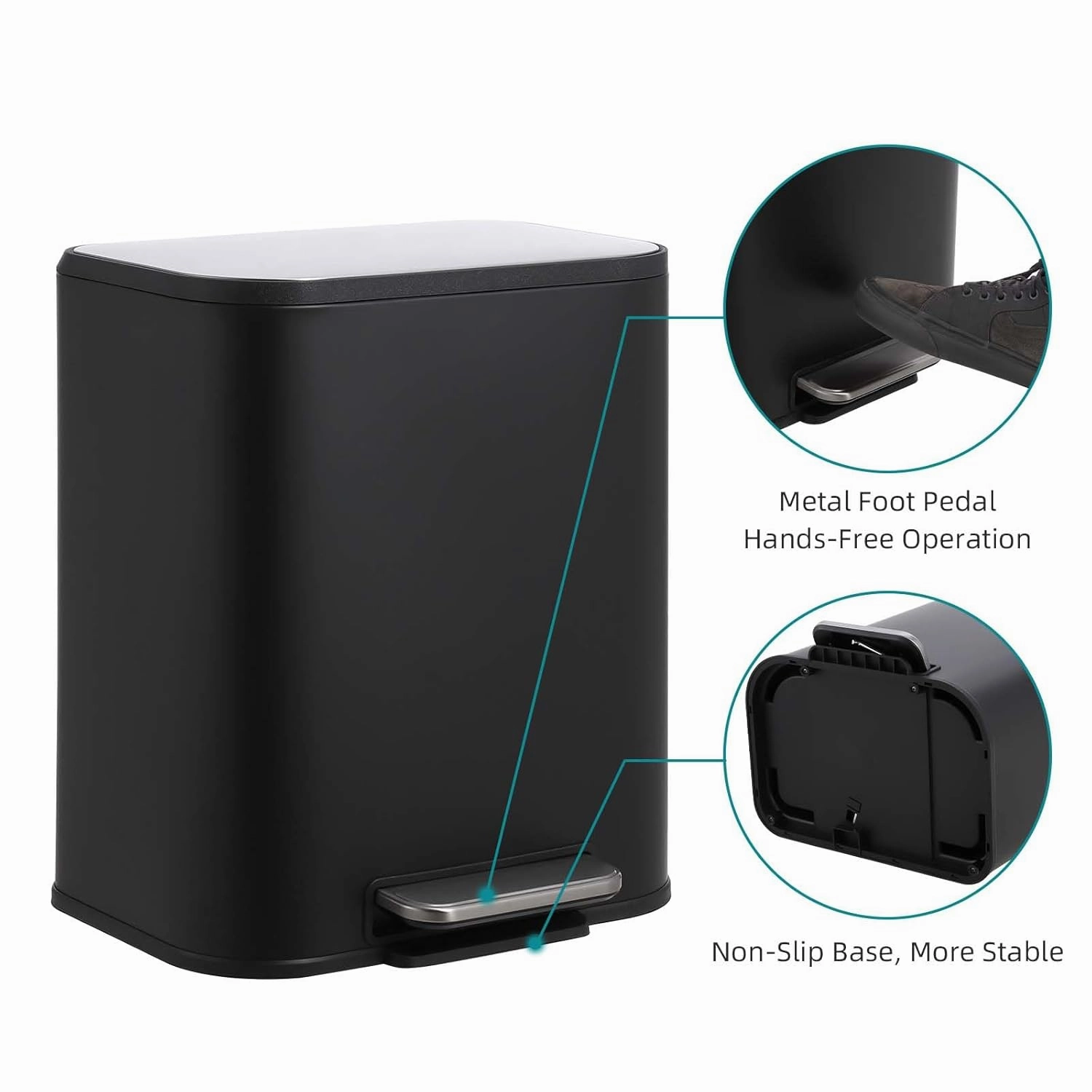 Kitchen Trash Can, 5.3 Gallon Stainless Steel Garbage Can with Soft Close Lid Foot Pedal & Removable Inner Bucket, Rectangular Step On Waste Bin for Office Bedroom (Matte Black)