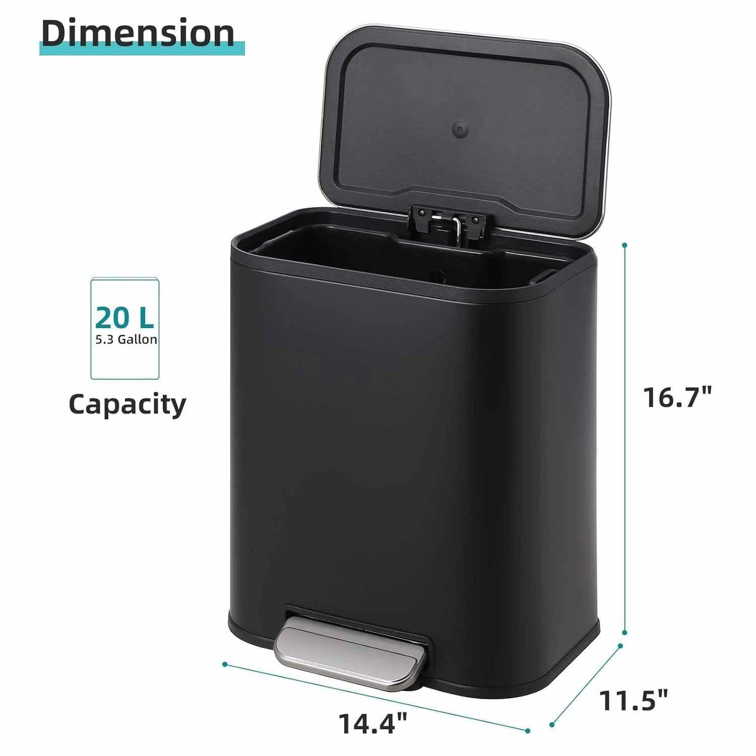 Kitchen Trash Can, 5.3 Gallon Stainless Steel Garbage Can with Soft Close Lid Foot Pedal & Removable Inner Bucket, Rectangular Step On Waste Bin for Office Bedroom (Matte Black)