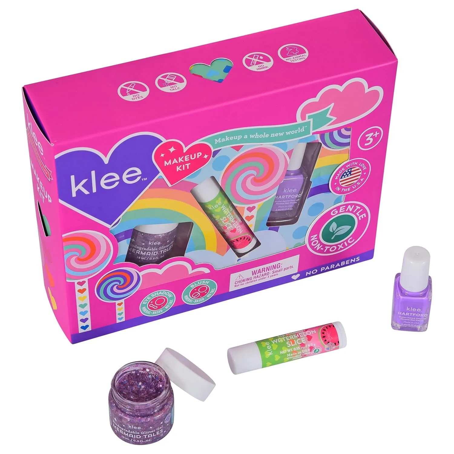 Klee Naturals Makeup Kit with Nail Polish, Glitter Gel and Lip Shimmer. Kid-Friendly and Non-Toxic. Made in USA. (Swirling Purple)