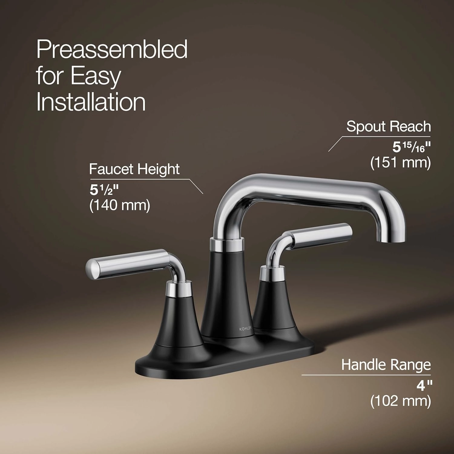 Kohler 27414-4-CBL Tone Bathroom Sink Faucet, Centerset Bathroom Faucet with Clicker Drain, 1.2 GPM, Polished Chrome with Matte Black