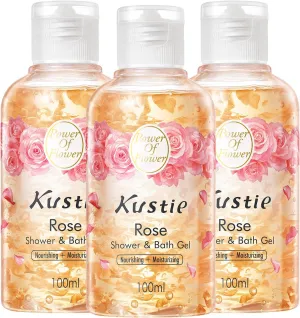 Kustie Smooth Rose Travel Size Body Wash - Sample Perfume Shower Gel with Squalane & Hyaluronic to Antioxidant, Hydrate Skin丨Rose & Rosehip Oil Add丨Paraben, Phthalate Free丨100% Vegan丨3.38 fl oz x 3