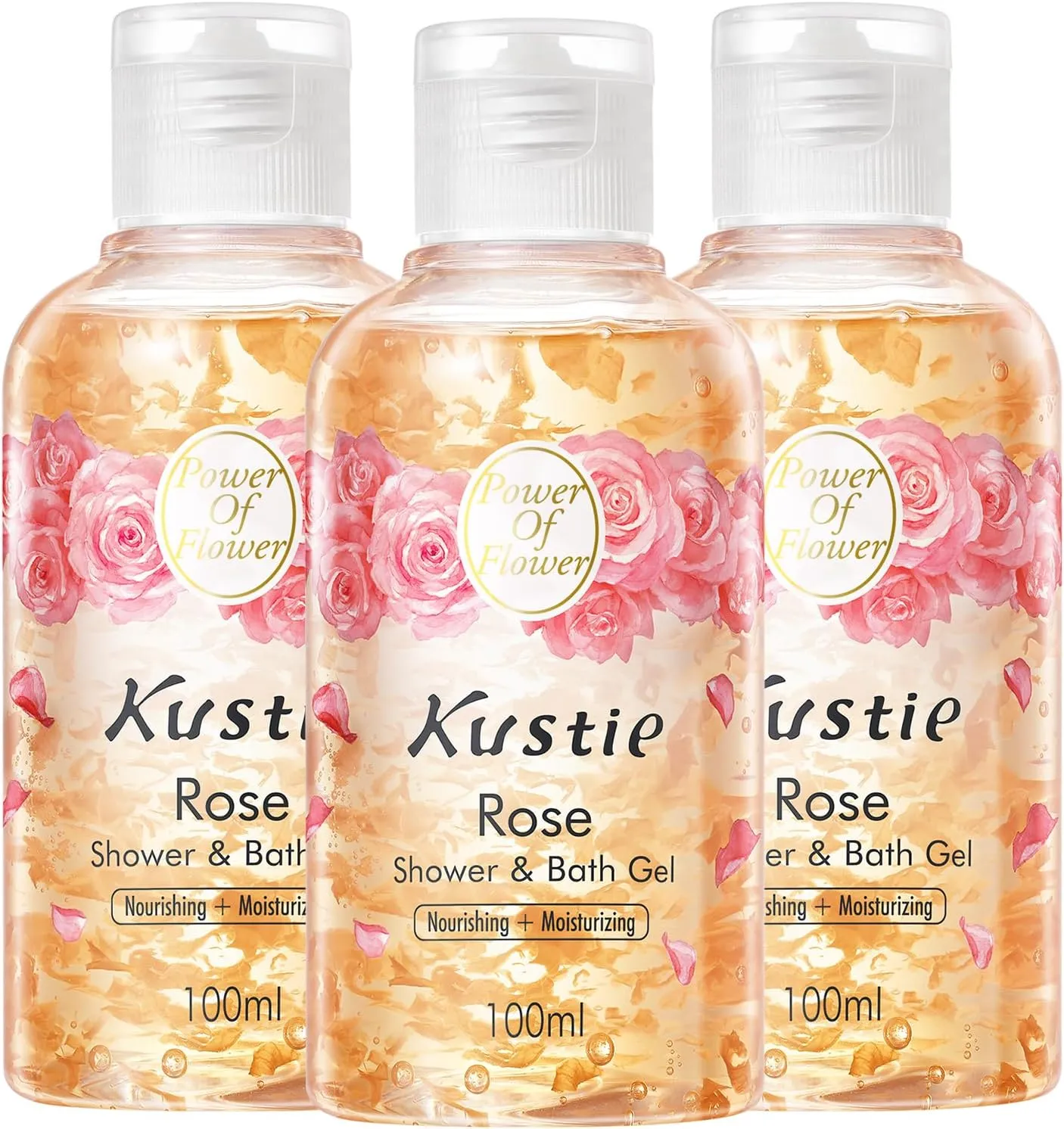 Kustie Smooth Rose Travel Size Body Wash - Sample Perfume Shower Gel with Squalane & Hyaluronic to Antioxidant, Hydrate Skin丨Rose & Rosehip Oil Add丨Paraben, Phthalate Free丨100% Vegan丨3.38 fl oz x 3
