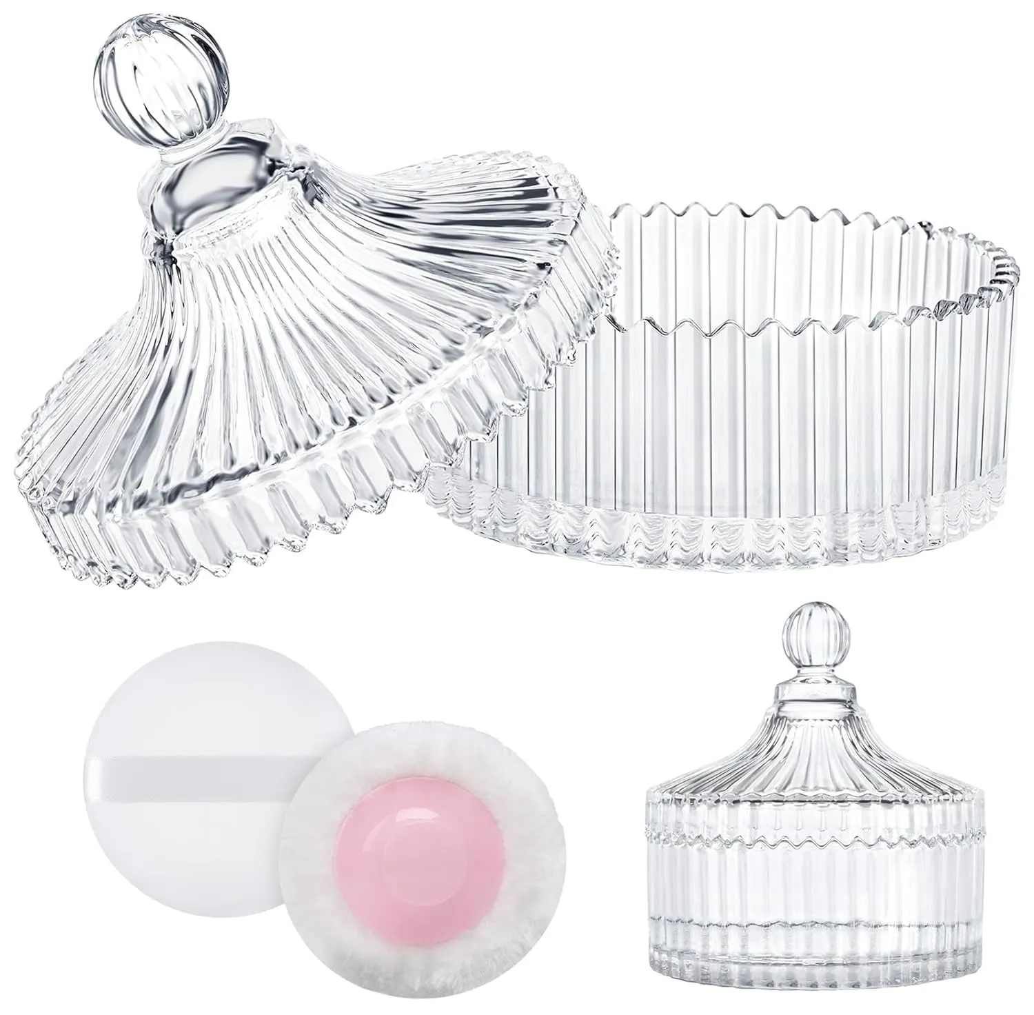 LAKIRA Large Body Powder Puff and Container, 2 Large Powder Puffs, Crystal Powder Container with 3.93" Puff for Baby Women, Dusting Powder Container with Puffs for Women, Bath, Home Use