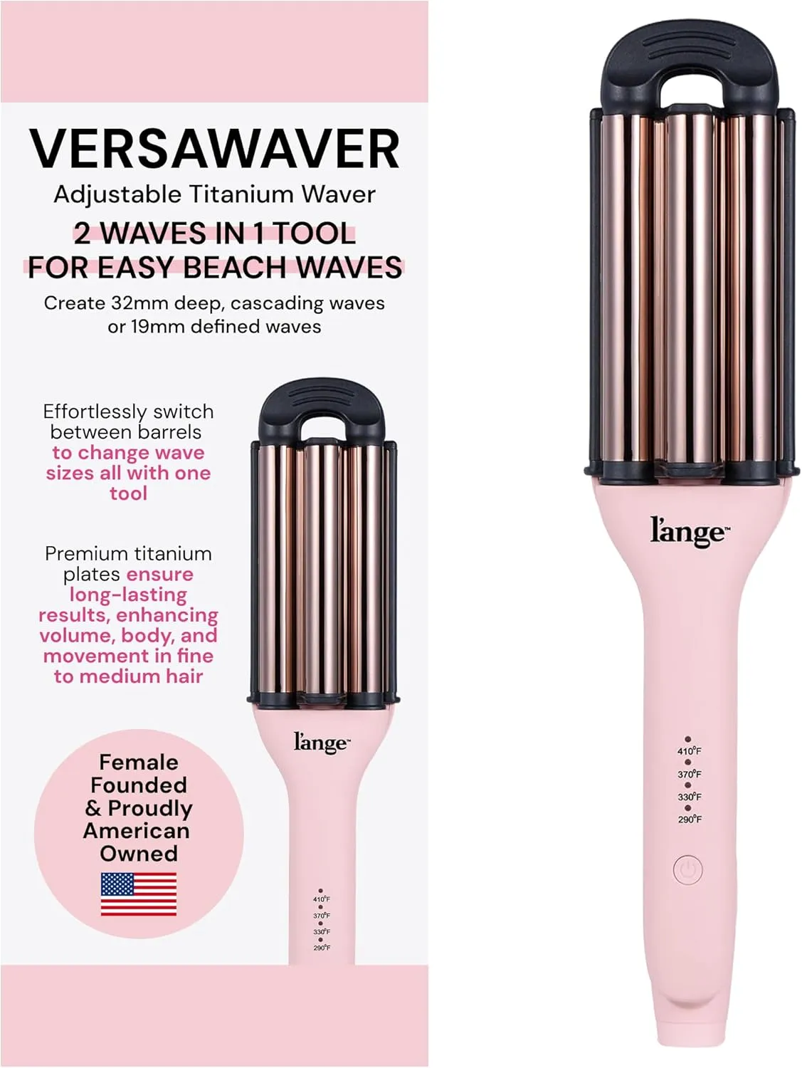 L'ANGE Hair VersaWaver Adjustable Titanium Waver | Pick 19mm or 32mm Waves with 1 Tool | Titanium 3-Barrel Waving Tool | Cool Tip Also Rotates Barrel to Change Wave Lengths (Blush)
