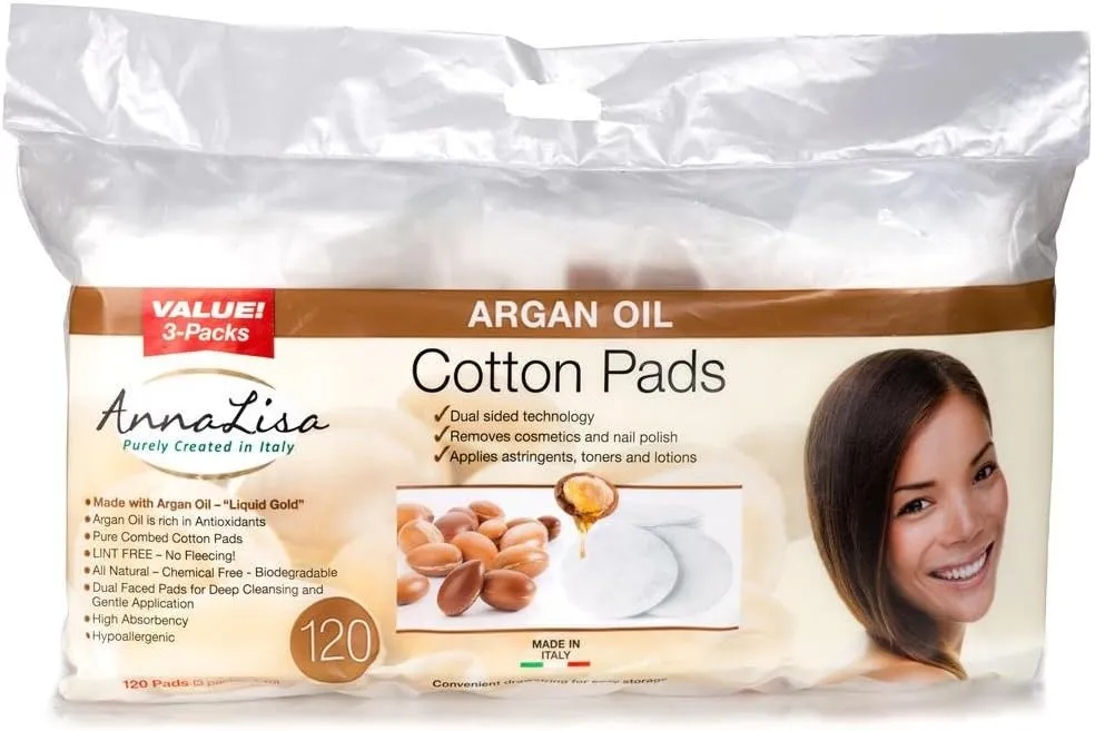 Large 100% Pure Combed Cotton Argan Oil Pads for Makeup/Nail Polish Removal |120-Piece Italian Ovals Facial Cleansing | 3 Packs of 40 Hypoallergenic & Absorbing Cotton Ovals