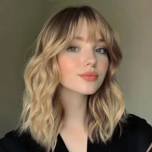 Lativ Blonde Wig With Bangs Short Wavy Curly Ombre Wig with Dark Roots Synthetic Heat Resistant Bob Wigs for Women Daily Party Use 14 Inches