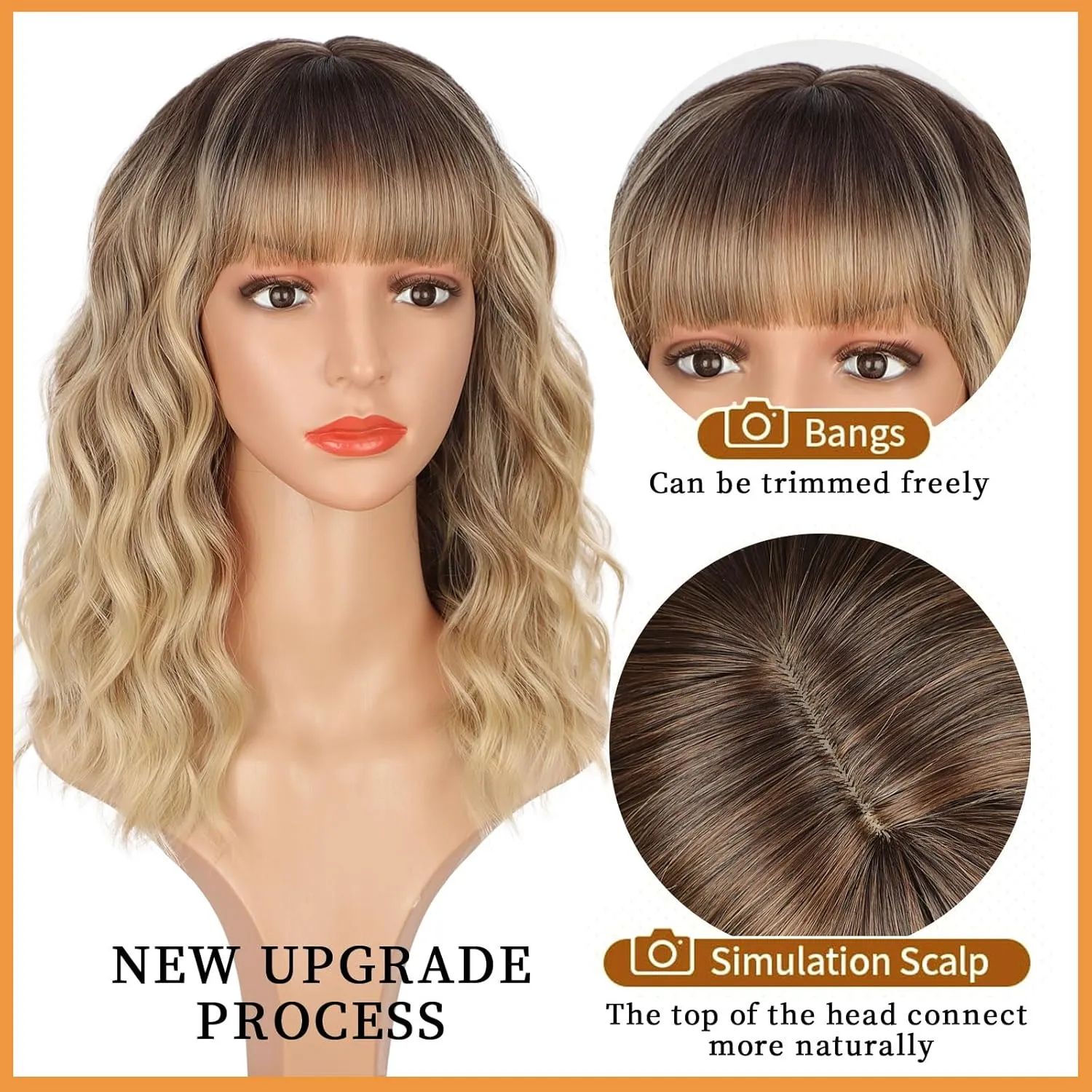 Lativ Blonde Wig With Bangs Short Wavy Curly Ombre Wig with Dark Roots Synthetic Heat Resistant Bob Wigs for Women Daily Party Use 14 Inches