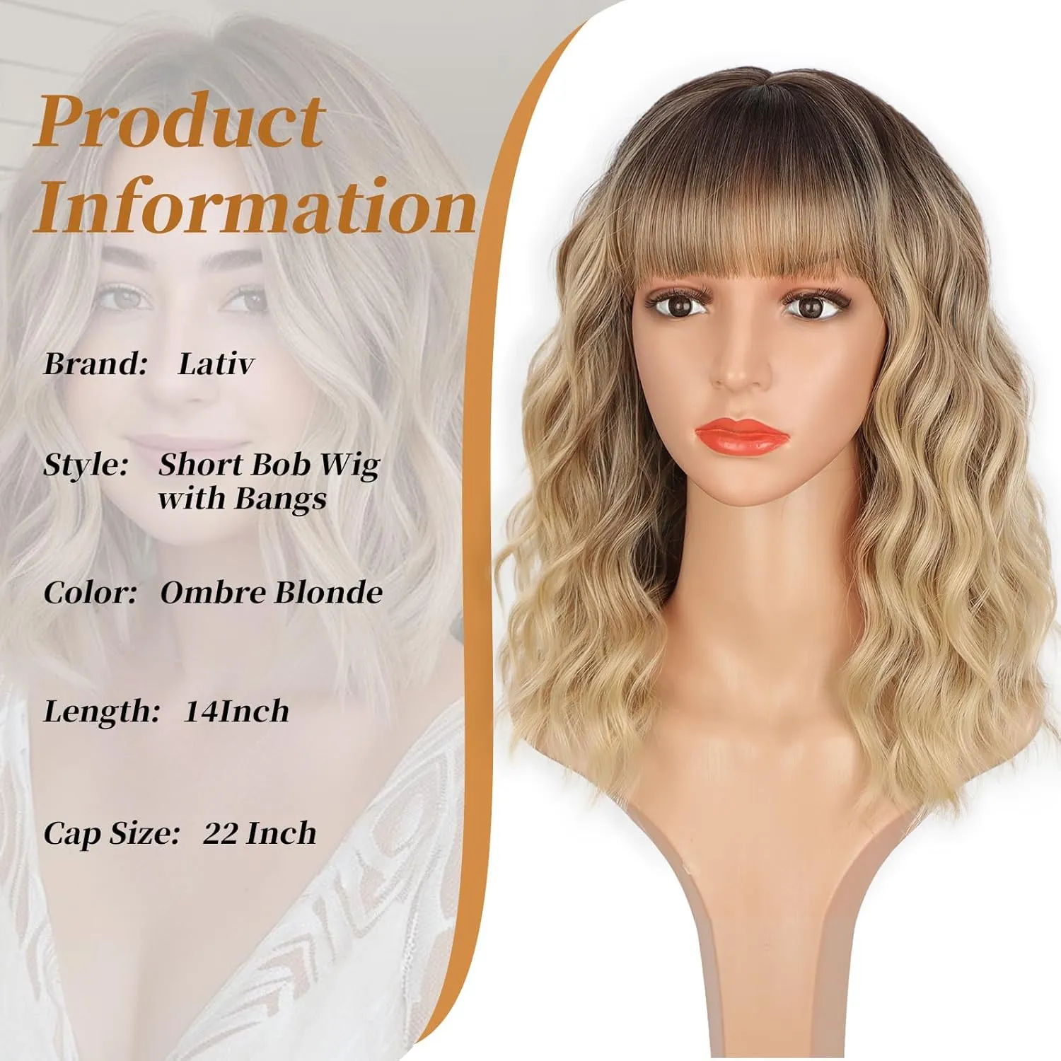 Lativ Blonde Wig With Bangs Short Wavy Curly Ombre Wig with Dark Roots Synthetic Heat Resistant Bob Wigs for Women Daily Party Use 14 Inches