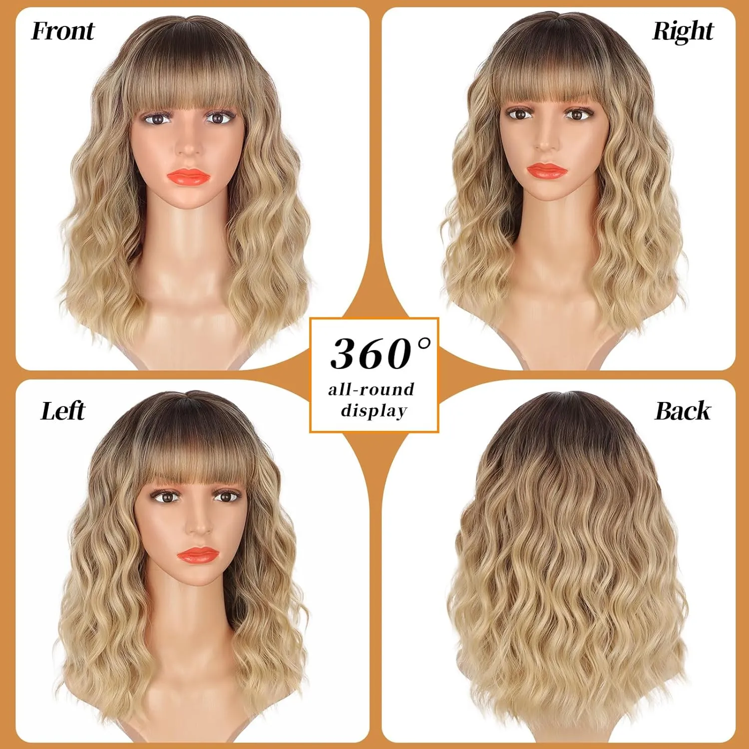 Lativ Blonde Wig With Bangs Short Wavy Curly Ombre Wig with Dark Roots Synthetic Heat Resistant Bob Wigs for Women Daily Party Use 14 Inches
