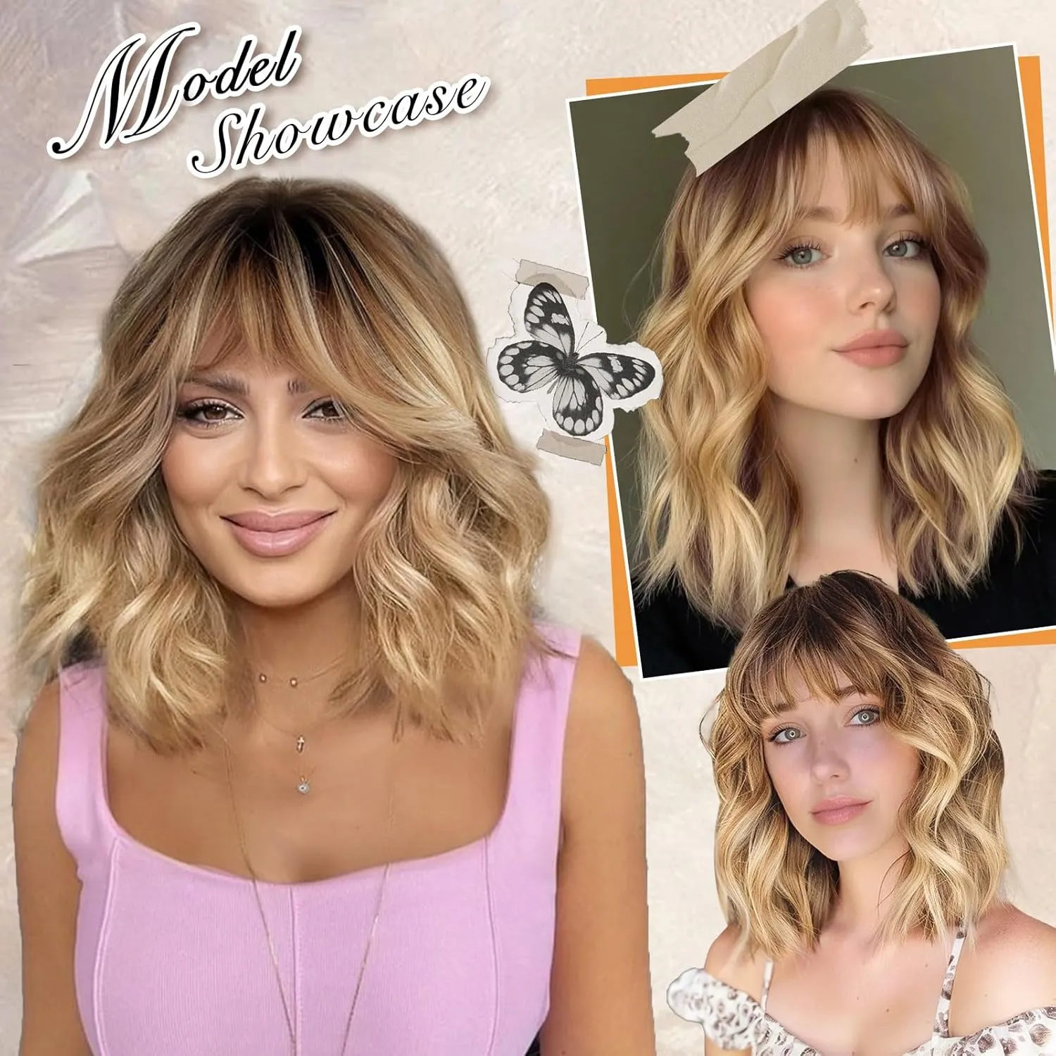 Lativ Blonde Wig With Bangs Short Wavy Curly Ombre Wig with Dark Roots Synthetic Heat Resistant Bob Wigs for Women Daily Party Use 14 Inches