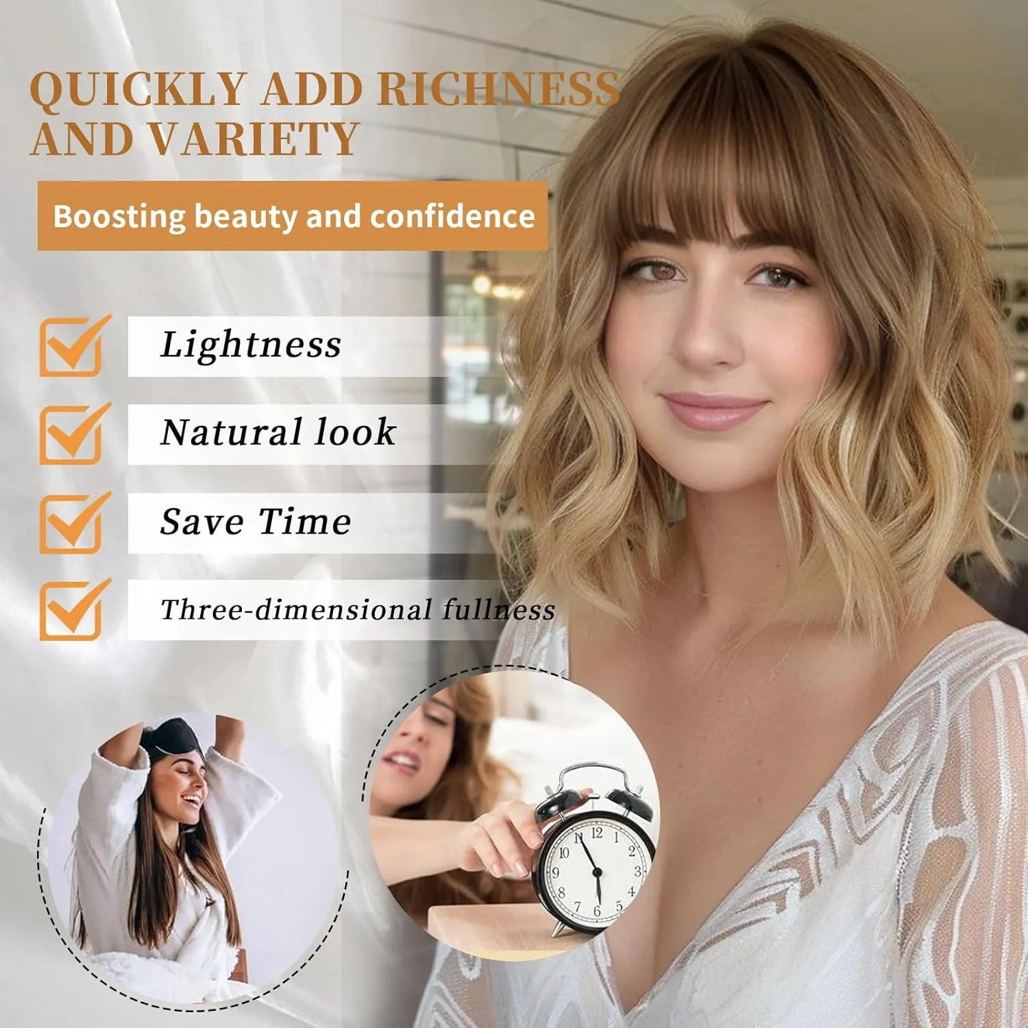 Lativ Blonde Wig With Bangs Short Wavy Curly Ombre Wig with Dark Roots Synthetic Heat Resistant Bob Wigs for Women Daily Party Use 14 Inches
