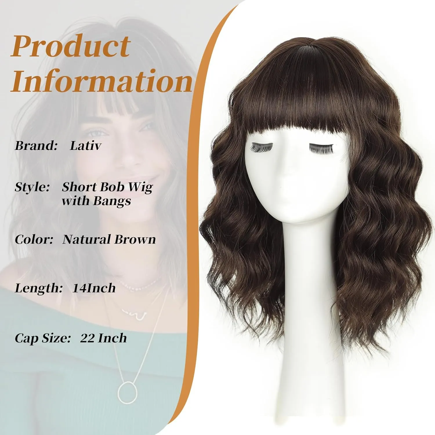 Lativ Dark Brown Wig with Bangs Bob Wigs for Women Short Wavy Curly Shoulder Length Wig 14 Inches Synthetic Heat Resistant Hair for Daily Party Use