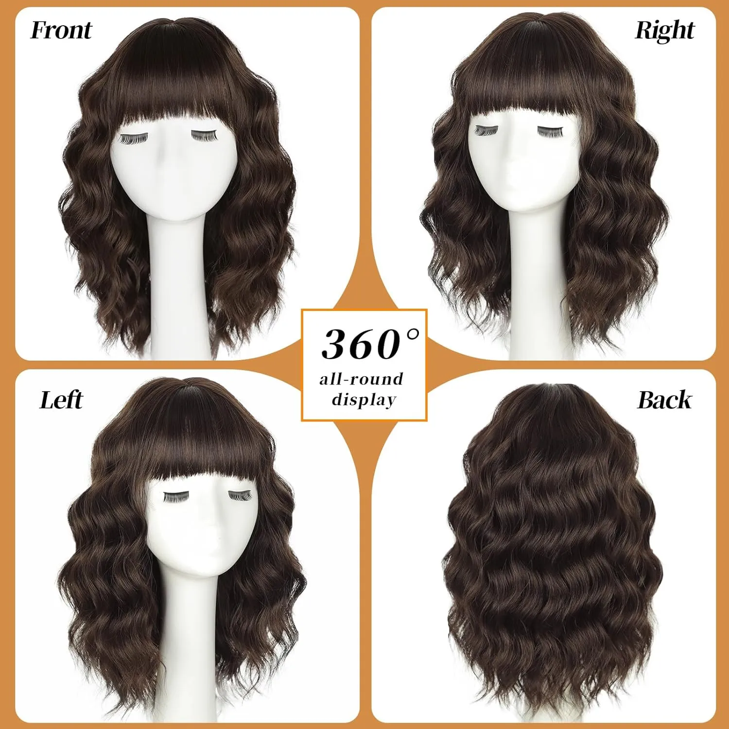 Lativ Dark Brown Wig with Bangs Bob Wigs for Women Short Wavy Curly Shoulder Length Wig 14 Inches Synthetic Heat Resistant Hair for Daily Party Use
